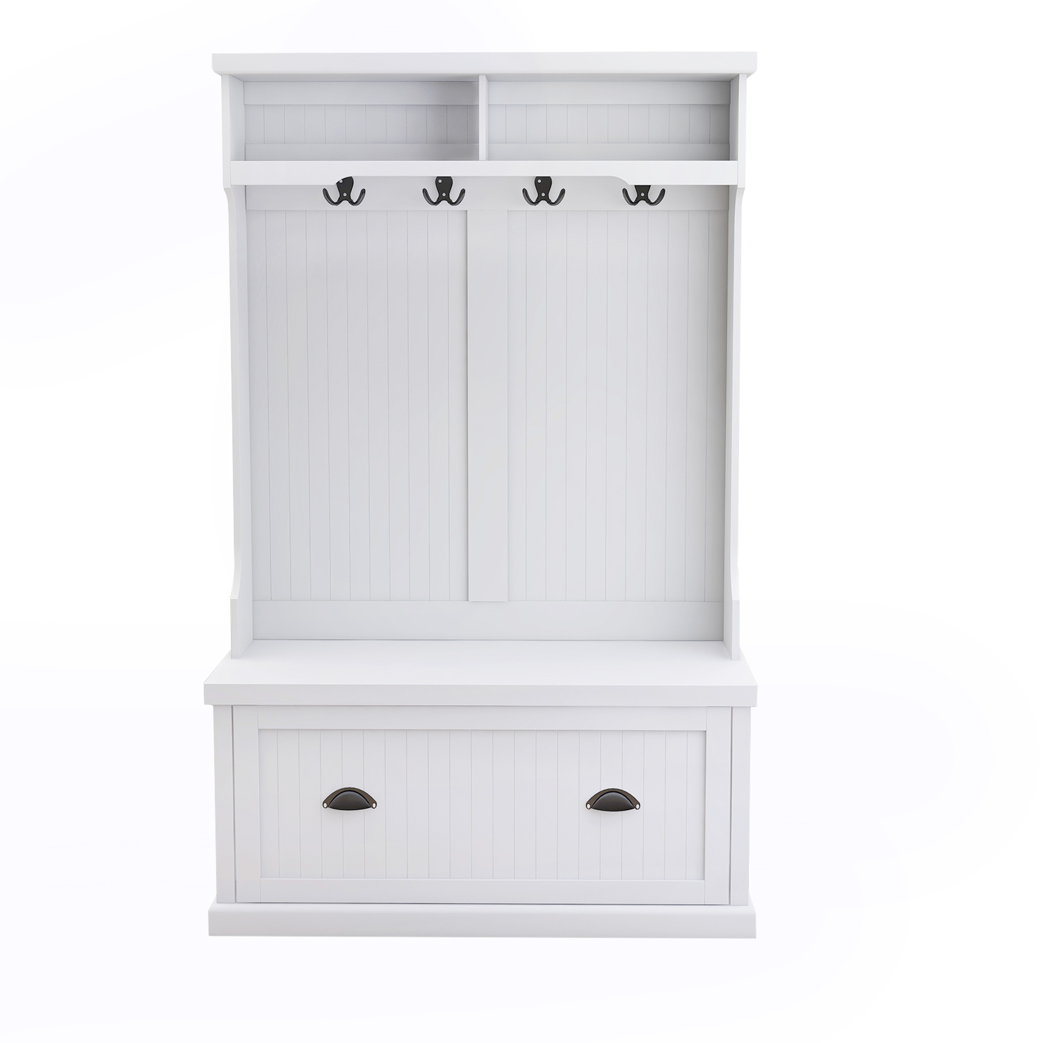 Entryway hall tree with coat rack 4 hooks and storage bench shoe cabinet white-CASAINC