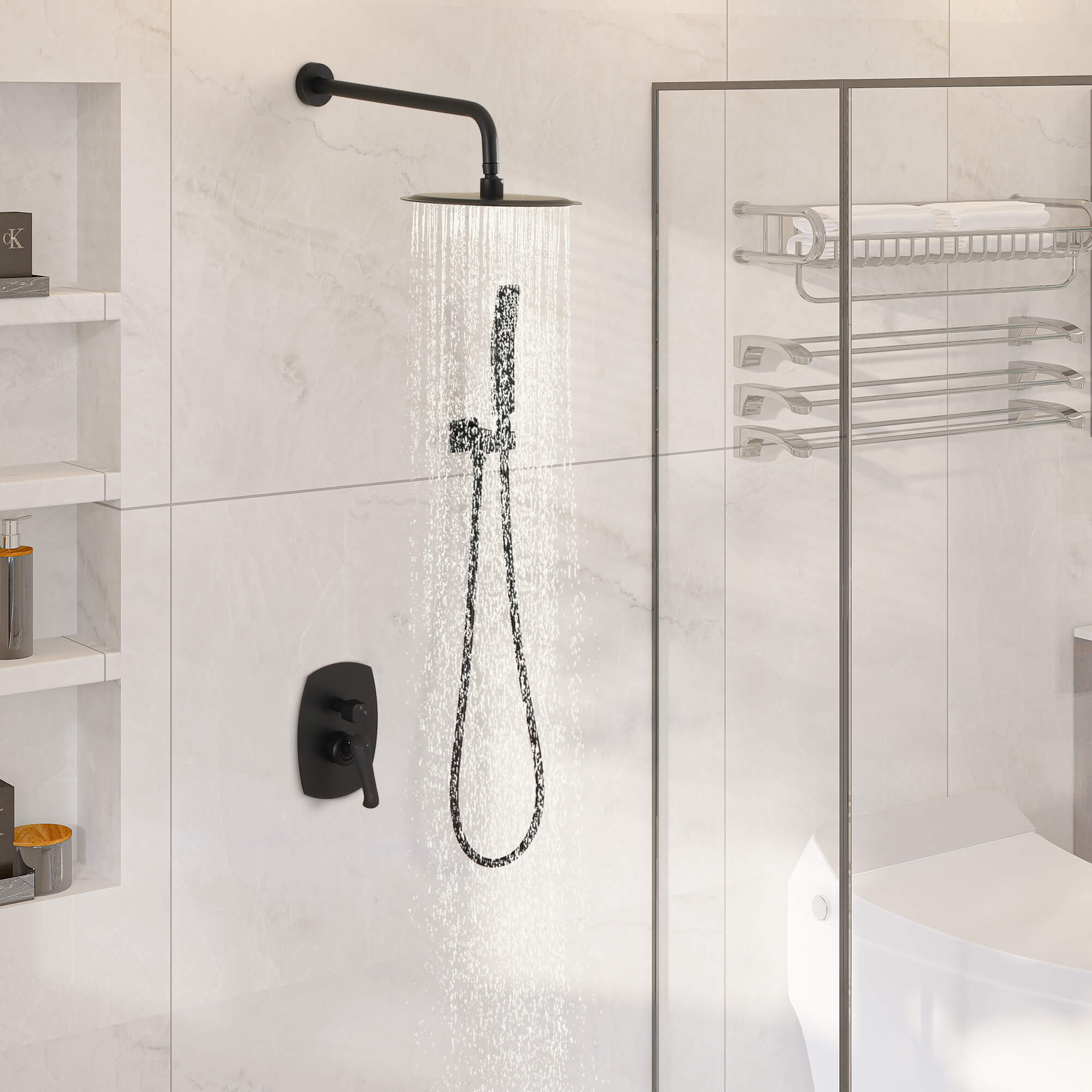 Casainc Matte Black Round Built-in Shower System with Handheld Shower