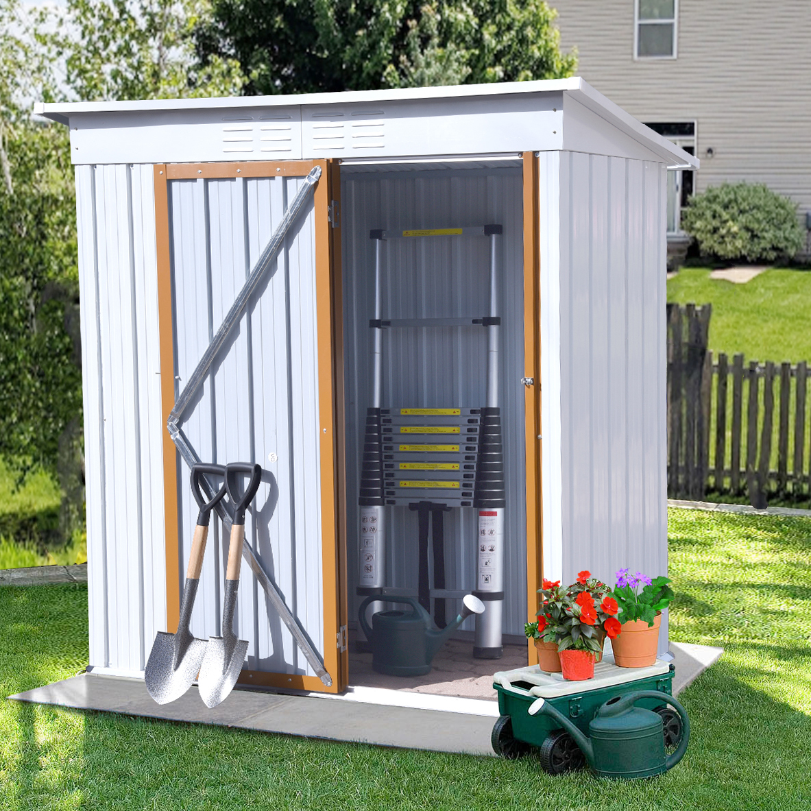 GR 5 X 3 Ft Outdoor Storage Shed, Galvanized Metal Garden Shed With Lockable Doors, Tool Storage Shed For Patio Lawn Backyard Trash Cans-CASAINC