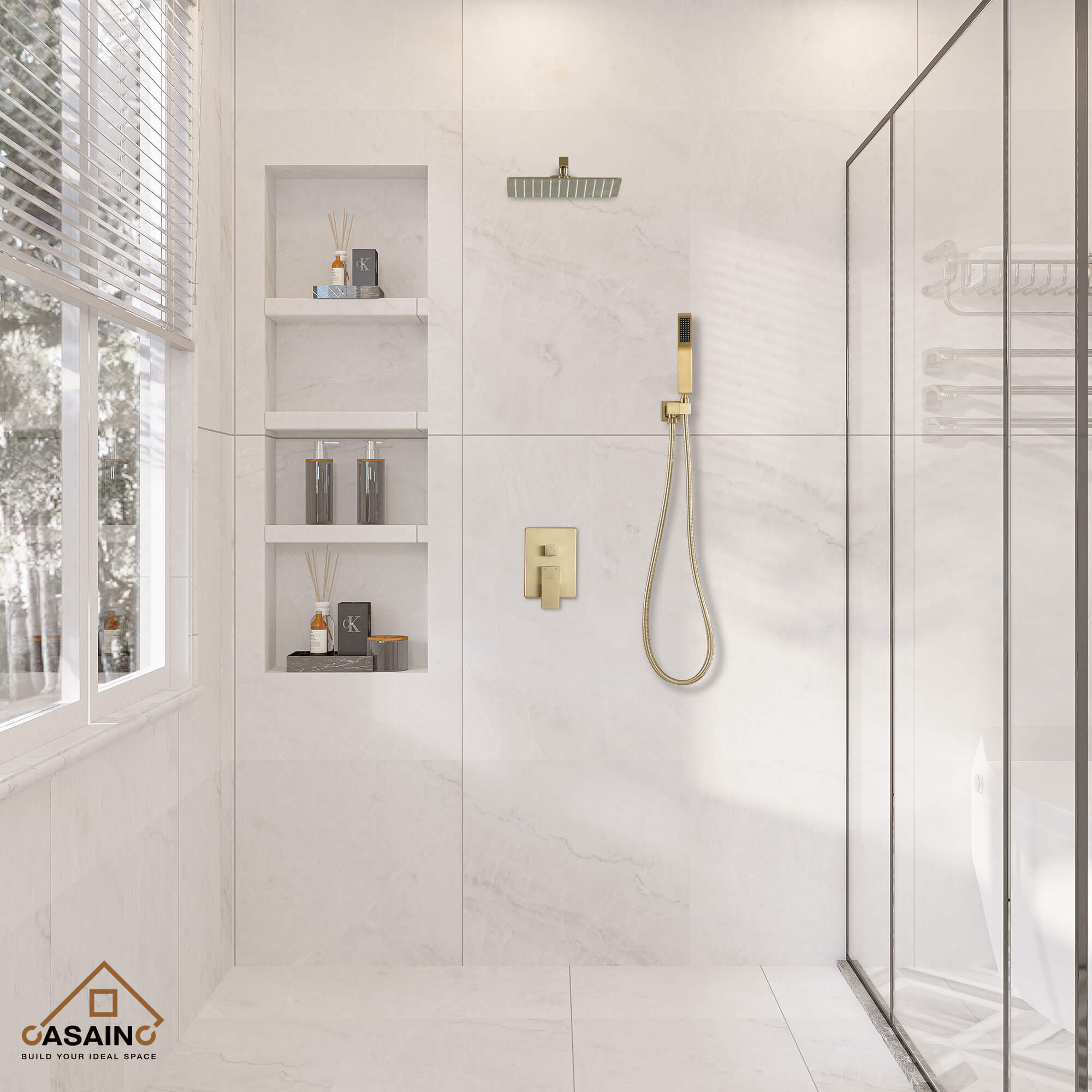 Casainc 2-Function Wall-Mounted/Ceiling-Mounted Shower System with Handheld Shower in Brushed Gold