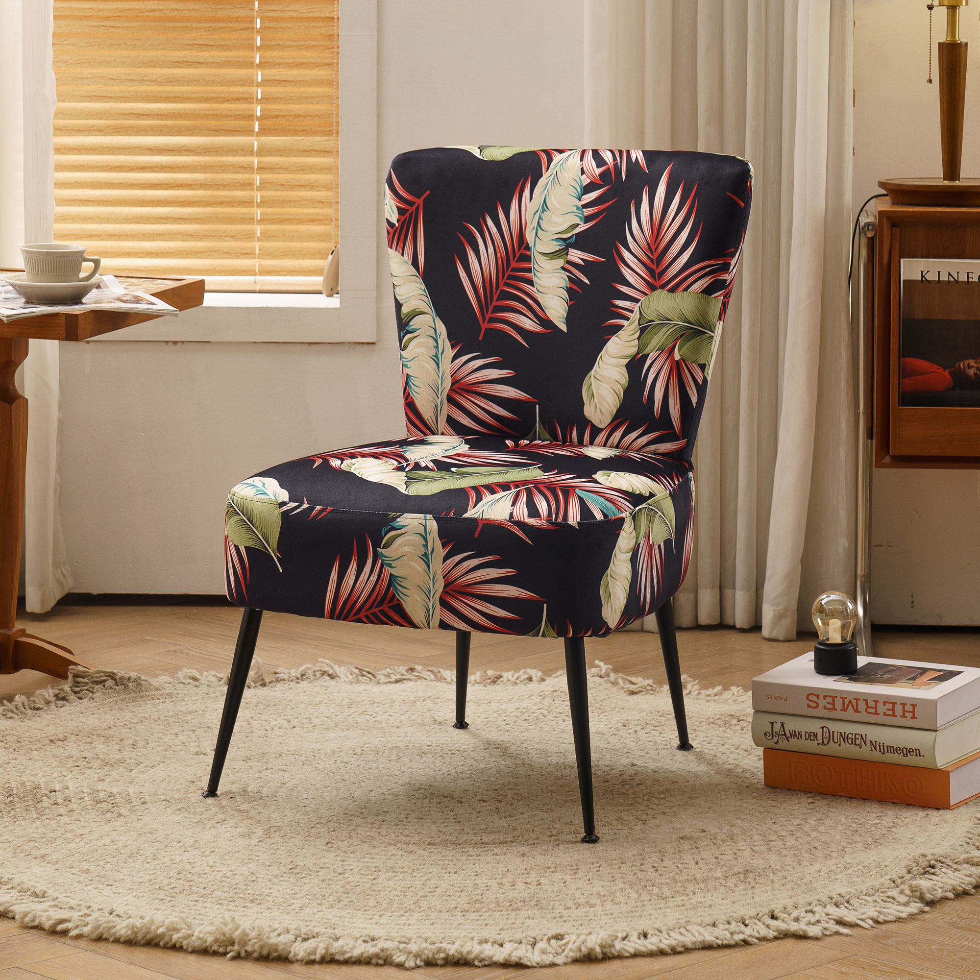 Flower Patterning velvet fabric farmhouse slipper chair accent chair with black metal legs for dining room living room bedroom-CASAINC