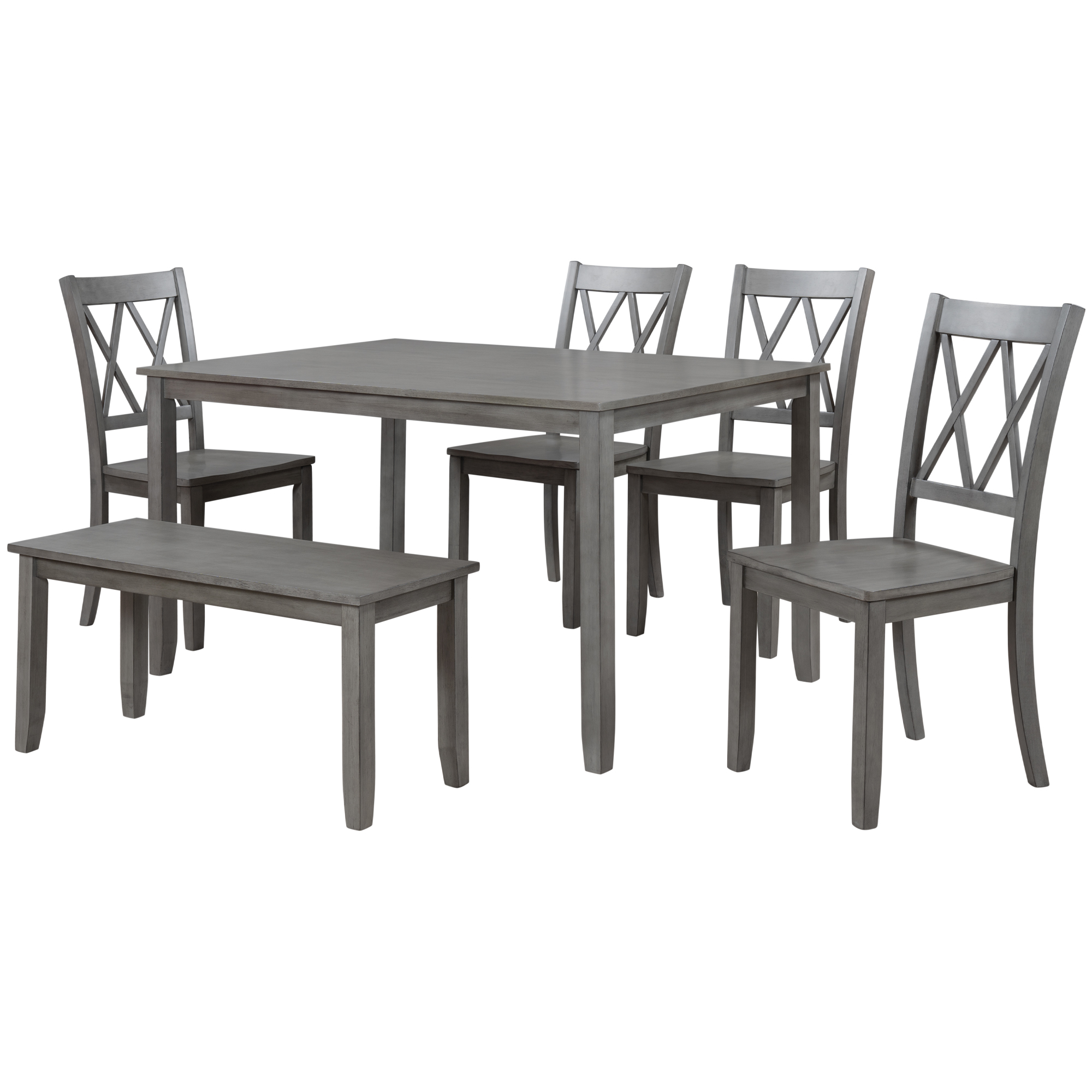 6-piece Wooden Kitchen Table set, Farmhouse Rustic Dining Table set with Cross Back 4 Chairs and Bench,Antique Graywash-CASAINC