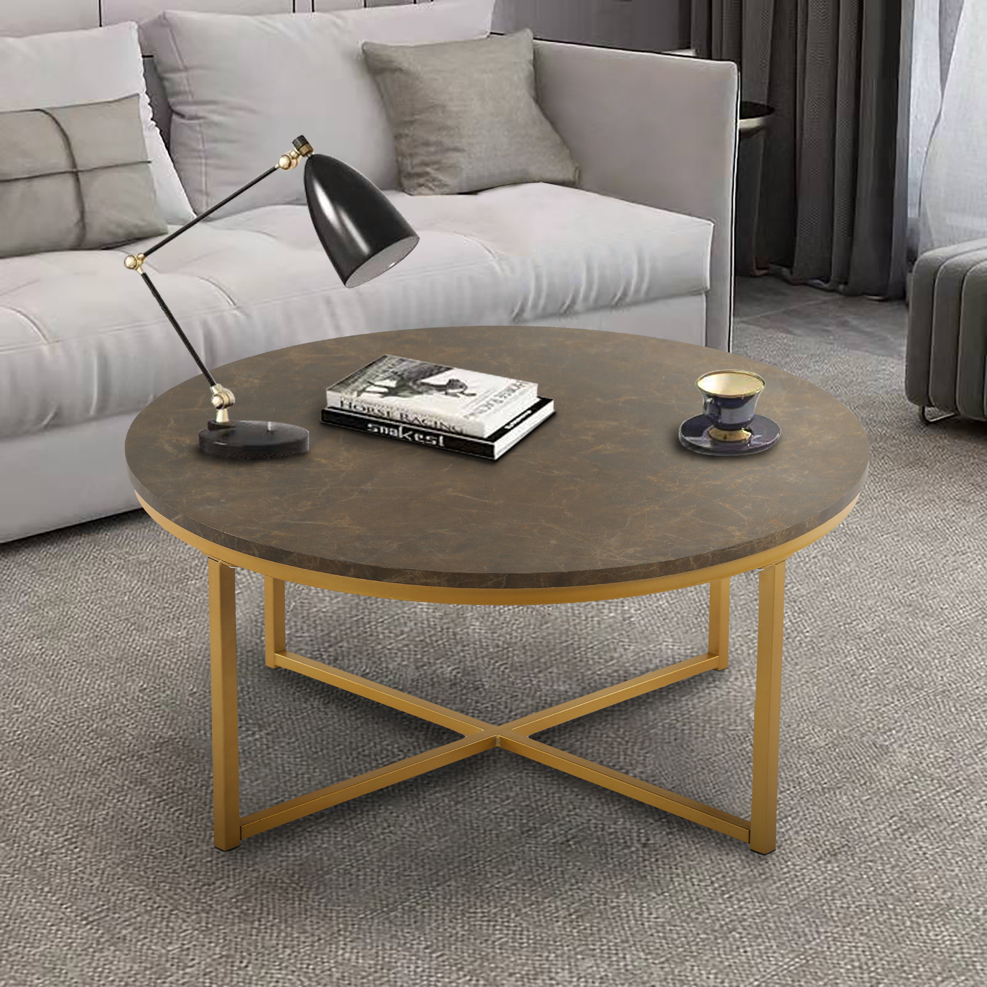 Cross Legs MDF Coffee Table with Metal Base, Brown and Golden-CASAINC