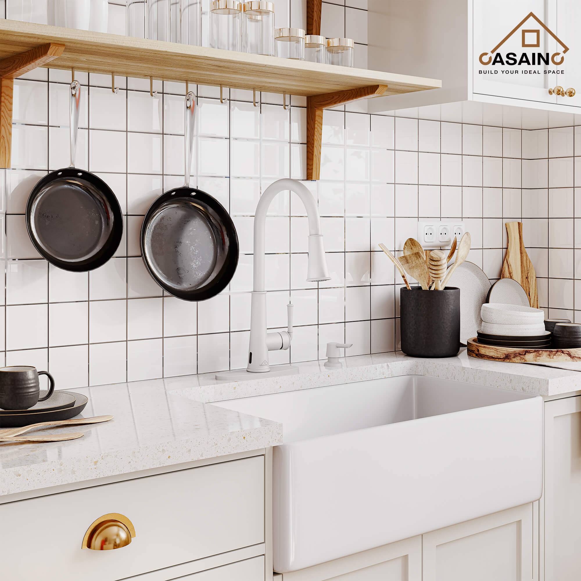 CASAINC Infrared Induction touchless pull down single handle Kitchen Faucet With LED Function in Matte Black/1.8gpm, soap dispenser contain-CASAINC