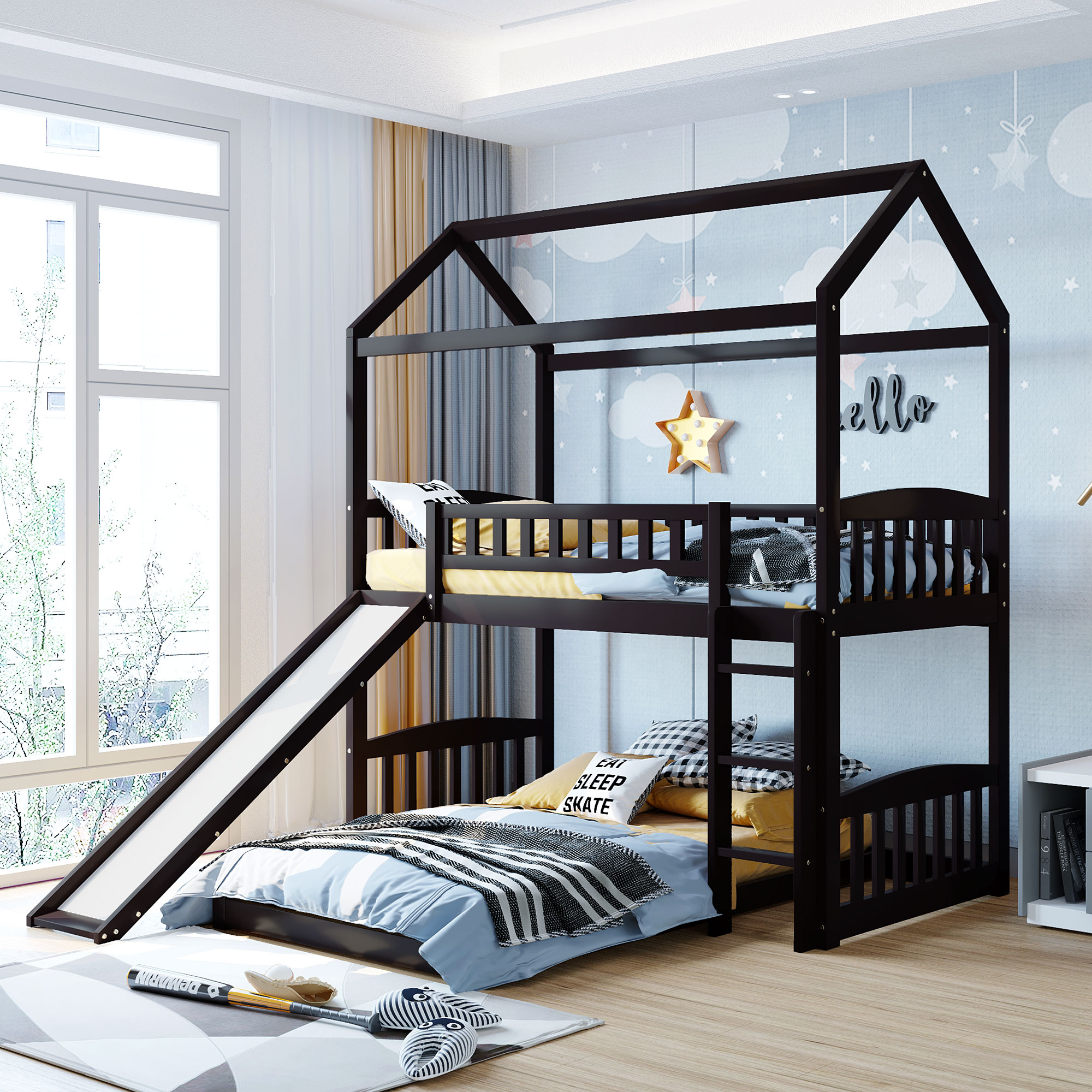 Twin Over Twin Bunk Bed with Slide, House Bed with Slide, Espresso(OLD SKU: LP000214AAP)-CASAINC