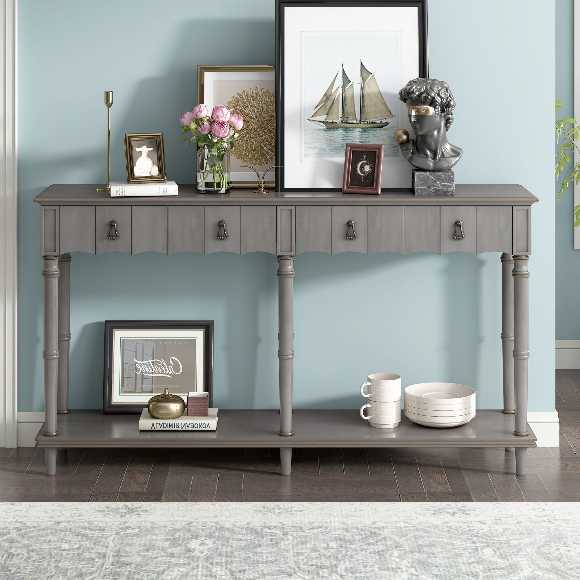 U_STYLE  Country Console Table for Hallway Living Room Bedroom with 4 Front Facing Storage Drawers and 1 Shelf
