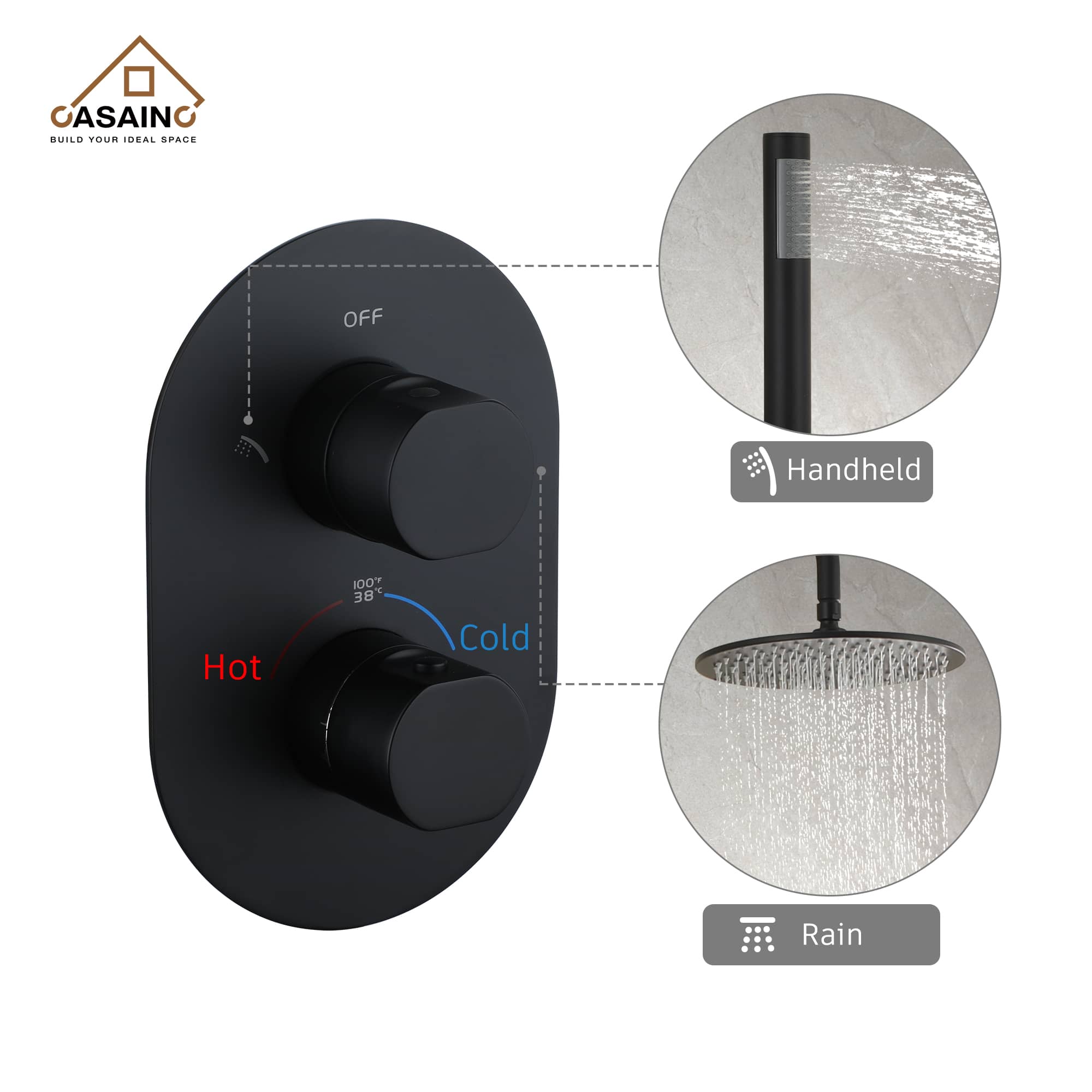 CASAINC 2-Function Matte Black 1-Handle Shower Faucet Valve with Hand-Held Shower