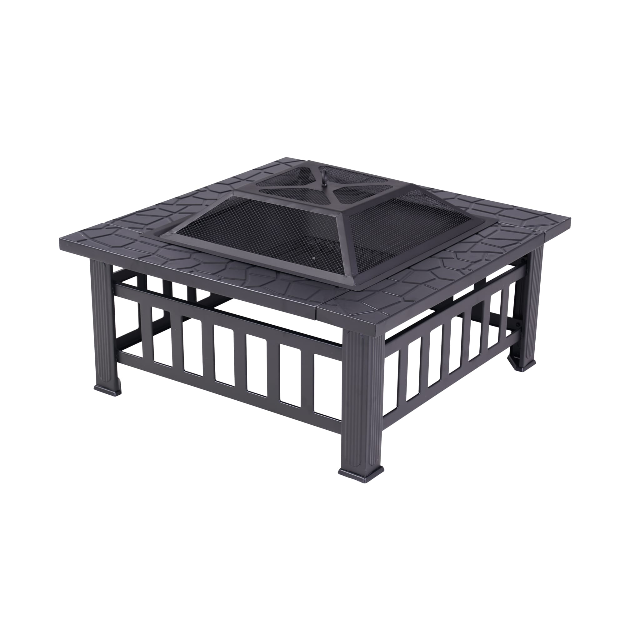 31.89 in. W x 31.89 in. D Square Stone Pattern Tabletop Charcoal Brazier with Lid and Fire Stick