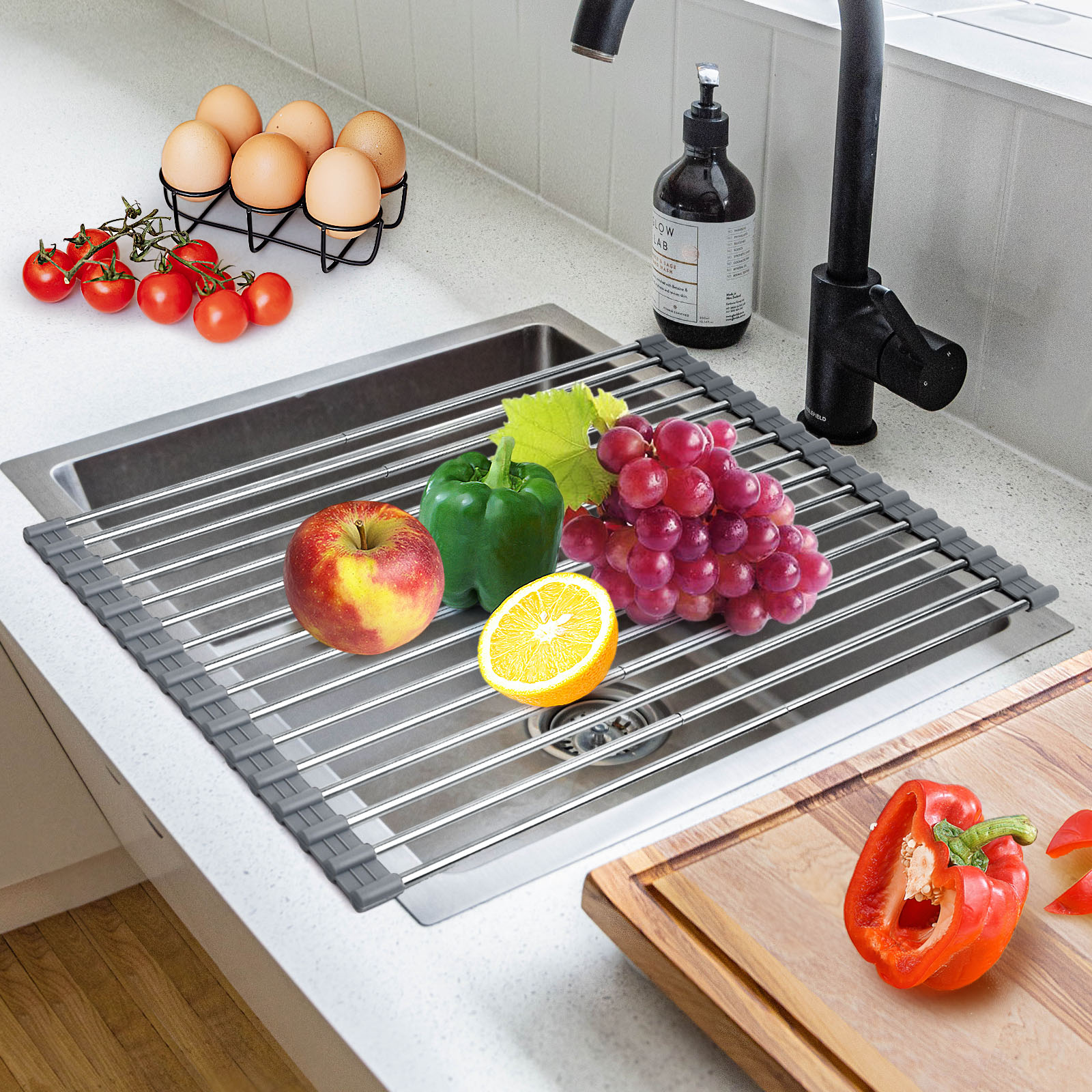 Foldable Retractable Kitchen Sink Dish Rack，stainless Steel Tableware Vegetable Fruit Drain Tray-CASAINC