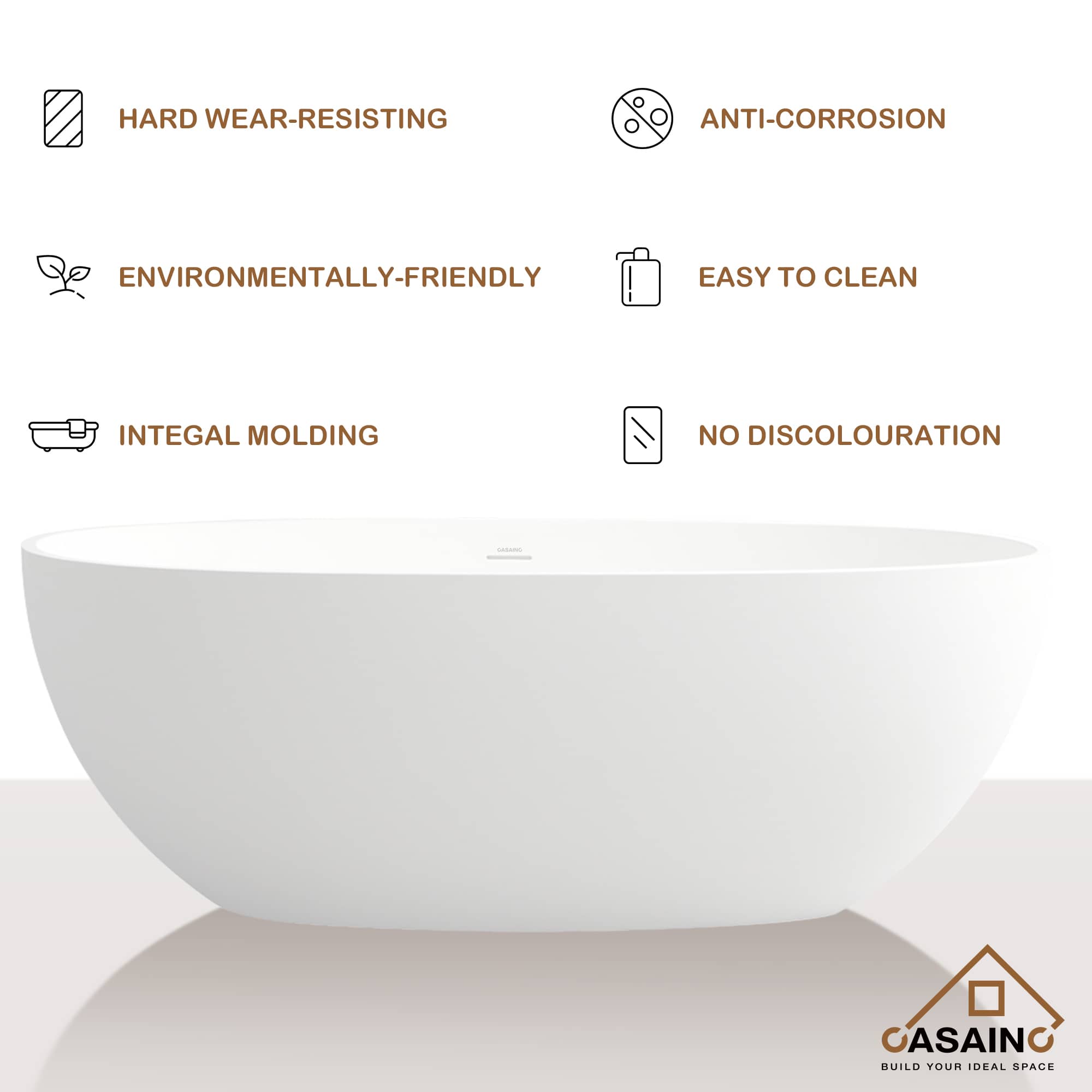 CASAINC 55 in. Solid Surface Free-Standing Bathtub with Centre Drain in Matte White