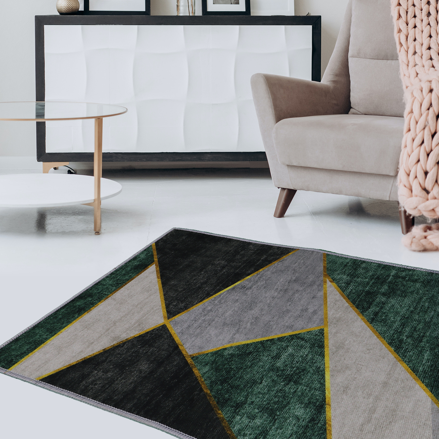 Casual Geometric Cotton Area Rug，Modern Abstract Geometric Shapes Accent Outdoor Rug 5ft x 7.5ft for Patio Bedrooms, Dining Rooms, Living Rooms Light Grey /Green-CASAINC