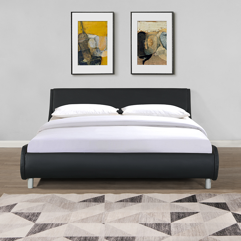 Faux Leather Upholstered Platform Bed Frame, Curve Design, Wood Slat Support, No Box Spring Needed, Easy Assemble, Queen Size, Black-CASAINC