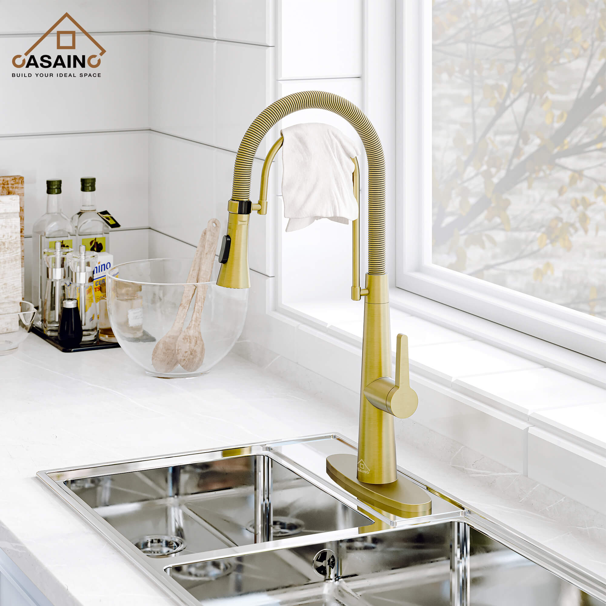 CASAINC 1.8GPM Two-function Spring Kitchen Faucet in Brushed Nickel/Gold and Black-CASAINC