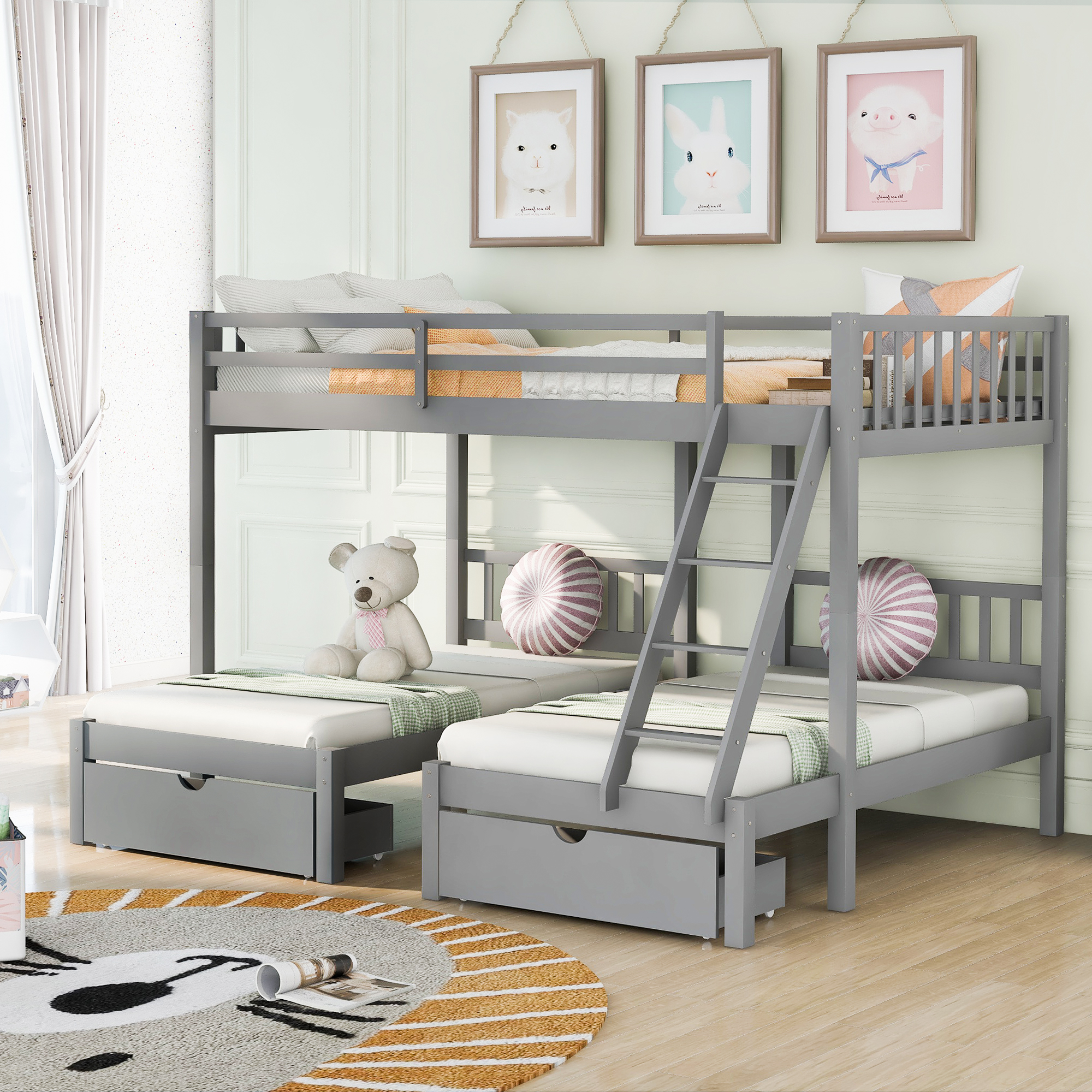 Full Over Twin  Twin Bunk Bed, Wood Triple Bunk Bed with Drawers and Guardrails (Gray)(OLD SKU :LP000243AAE)-CASAINC