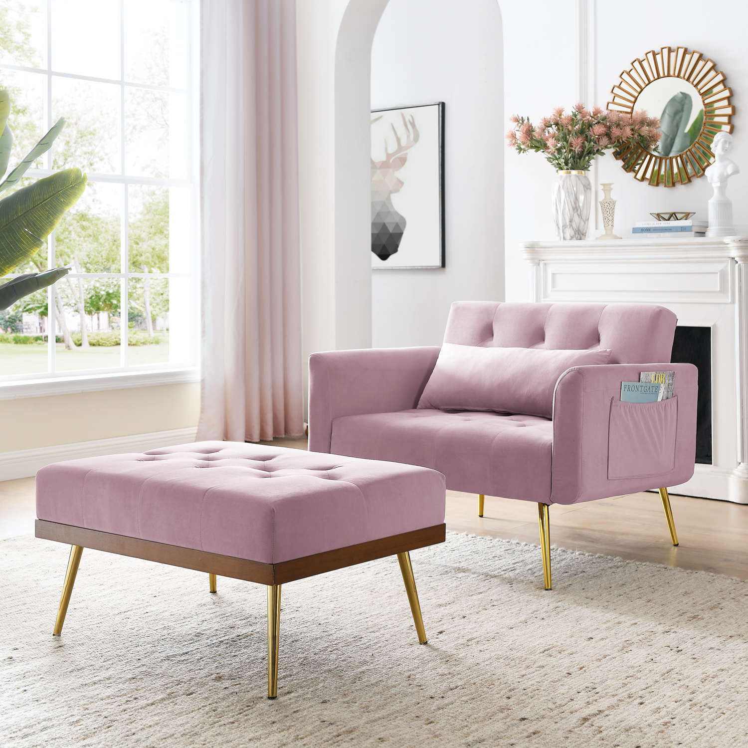 Recline Sofa Chair with Ottoman, Two Arm Pocket and Wood Frame include 1 Pillow, Pink (40.5&rdquo;x33&rdquo;x32&rdquo;)-CASAINC