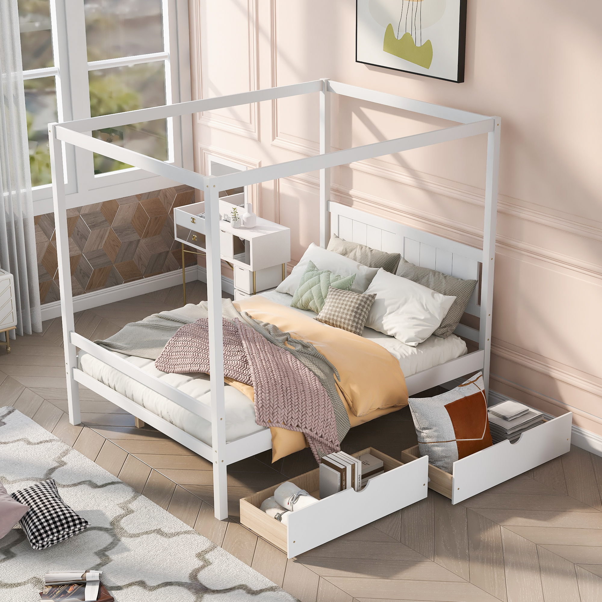 Full Size Canopy Platform Bed with Two Drawers,With Slat Support Leg,White-CASAINC