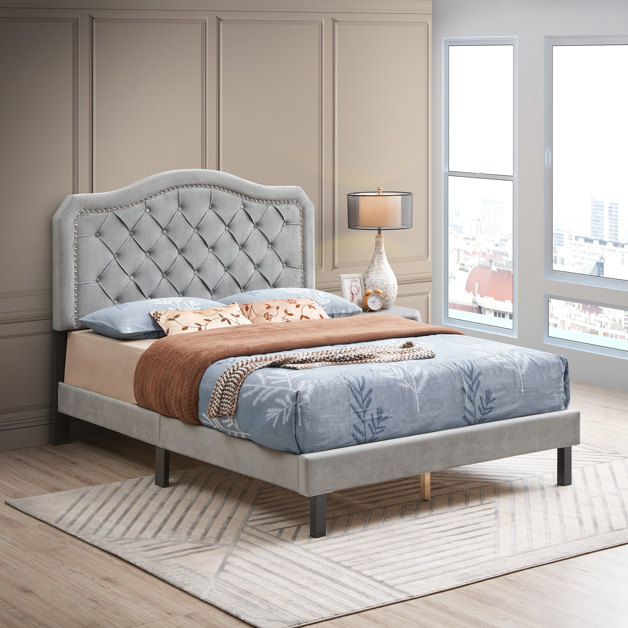 Upholstered Bed Button Tufted with Curve Design - Strong Wood Slat Support - Easy Assembly - Gray Velvet - platform bed - Queen-CASAINC