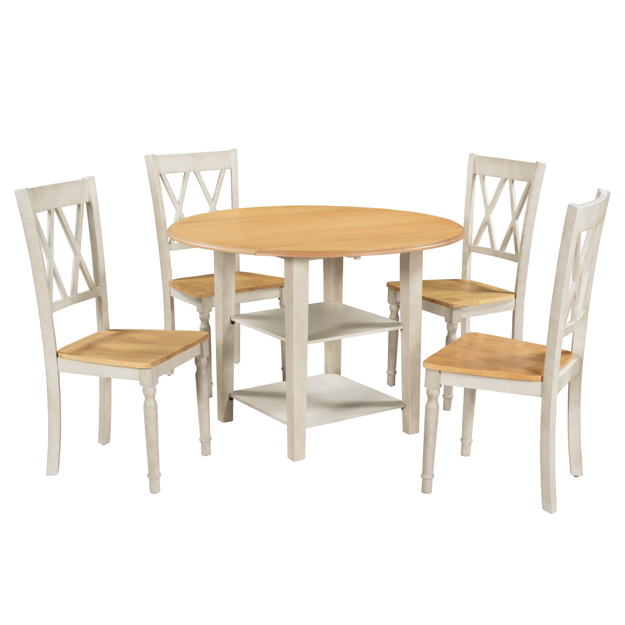 Farmhouse Wooden Round Dining Table Set, Drop Leaf Kitchen Table Set with 2-tier Storage Shelves and 4 Cross Back Chairs for Small Places,Natural+Distressed White-CASAINC