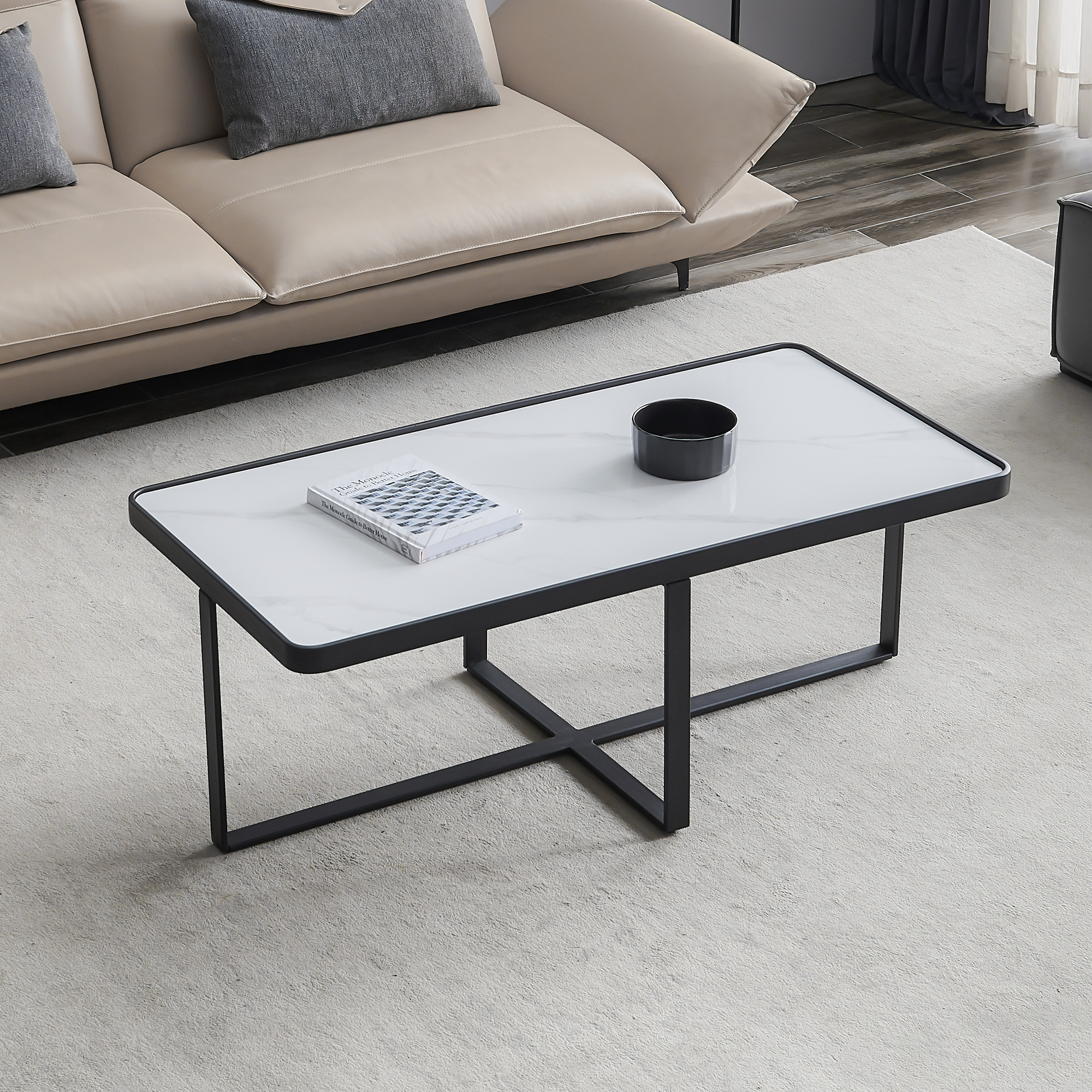Minimalism rectangle coffee table,Black metal frame with sintered stone tabletop-CASAINC