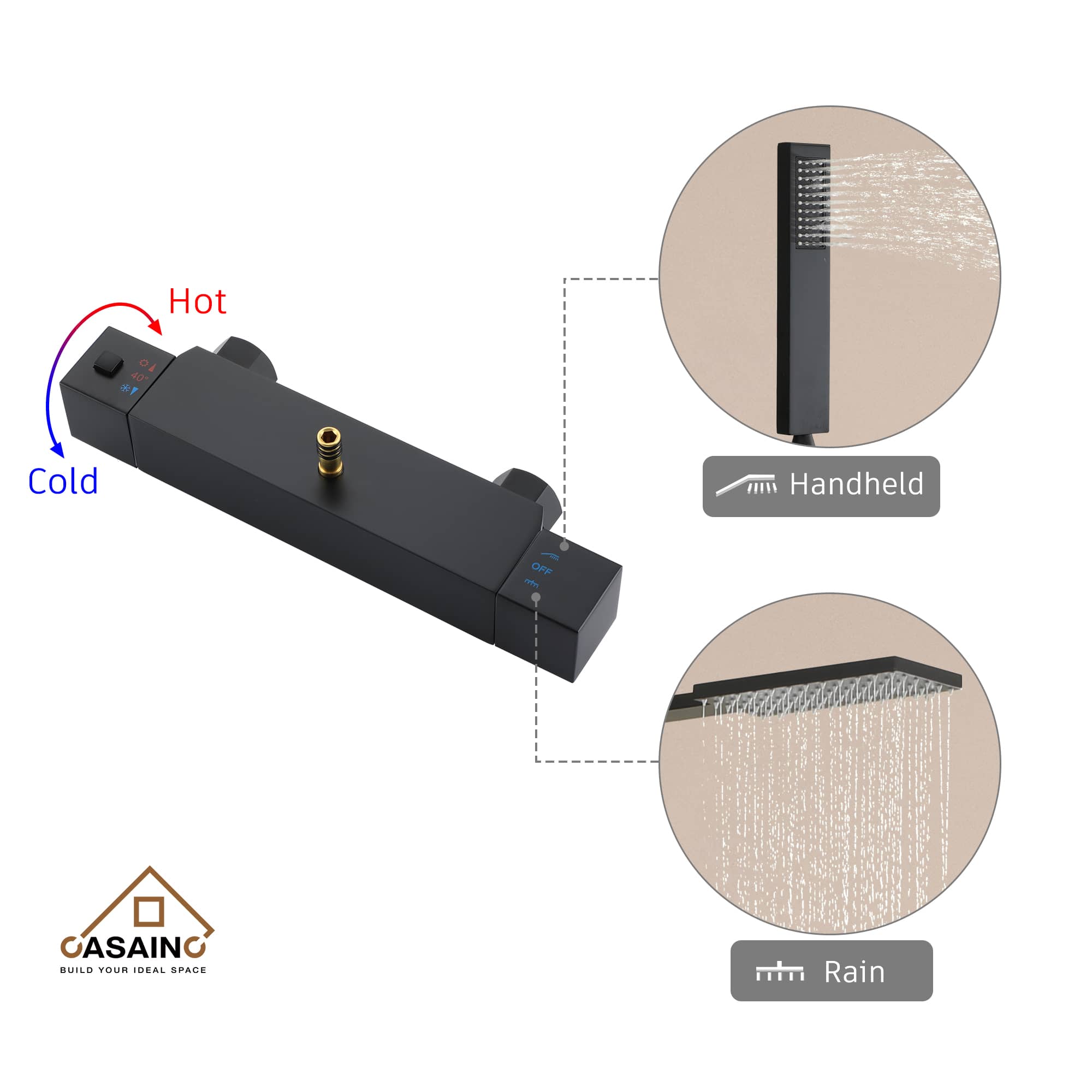 CASAINC Matte Black Shower System with Slide Bar and Rainfall Shower Head/Hand-Held Shower