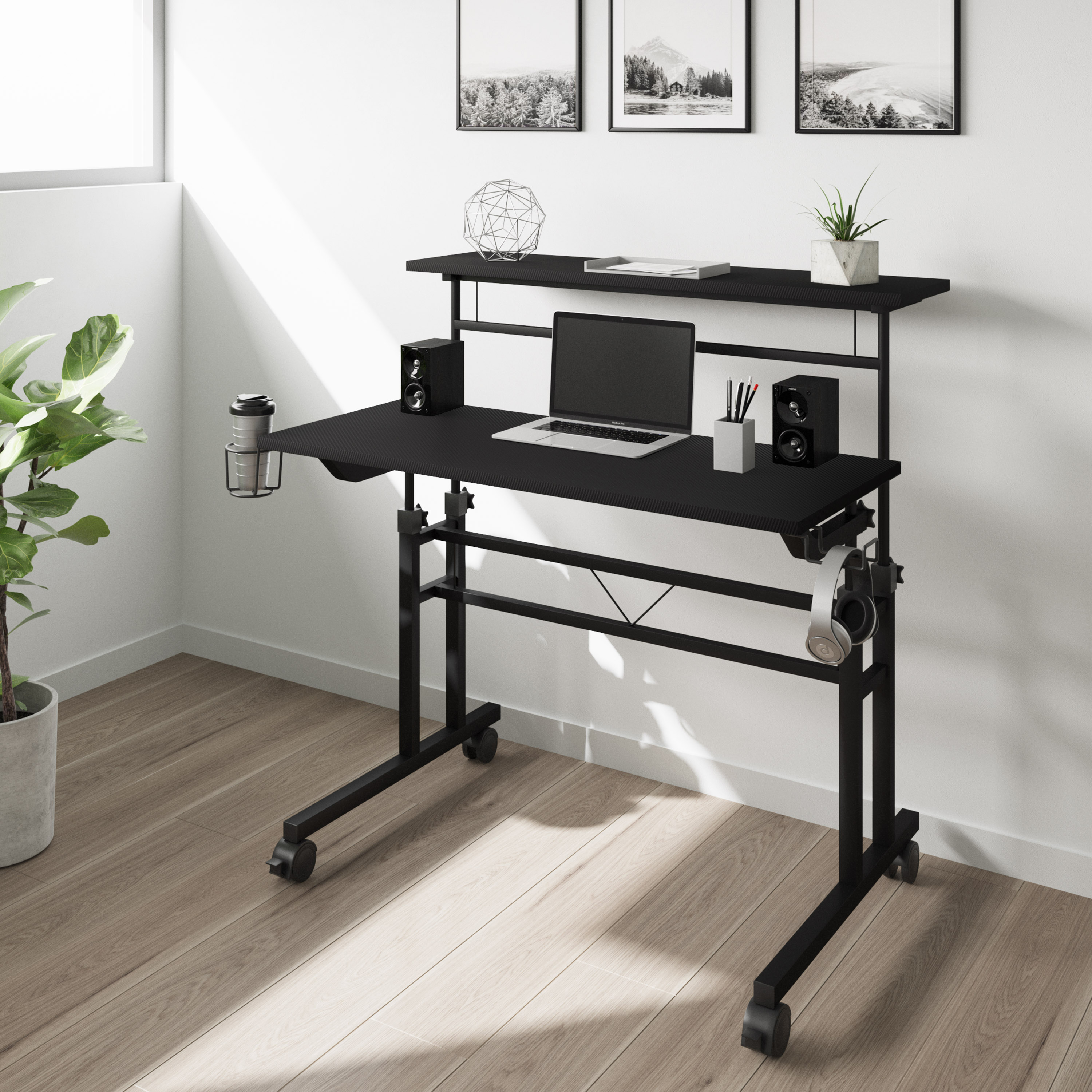 Techni Mobili Rolling Writing Desk with Height Adjustable Desktop and Moveable Shelf, Black-CASAINC
