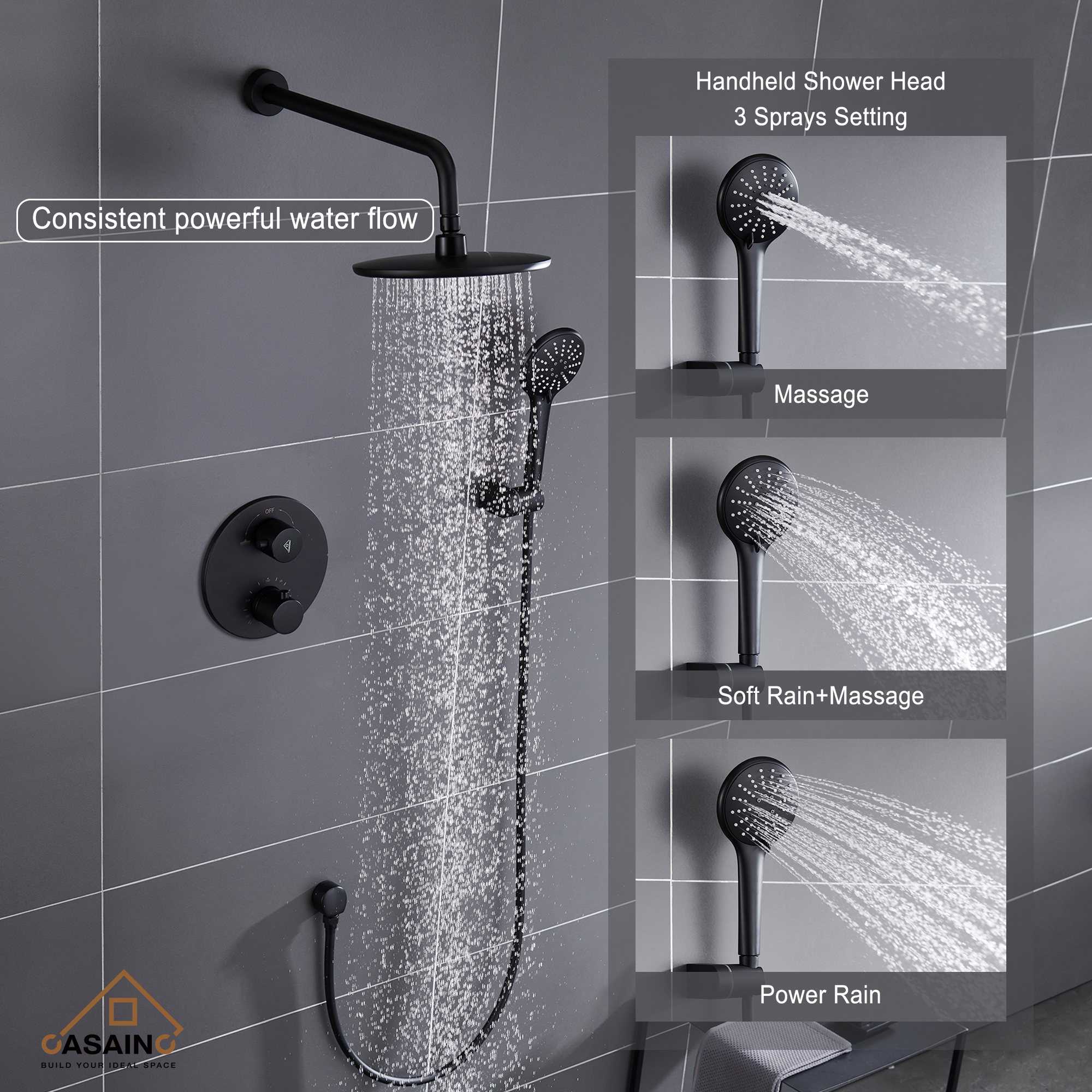 9inch Round Thermostatic rain shower faucet  (matte black)-CASAINC