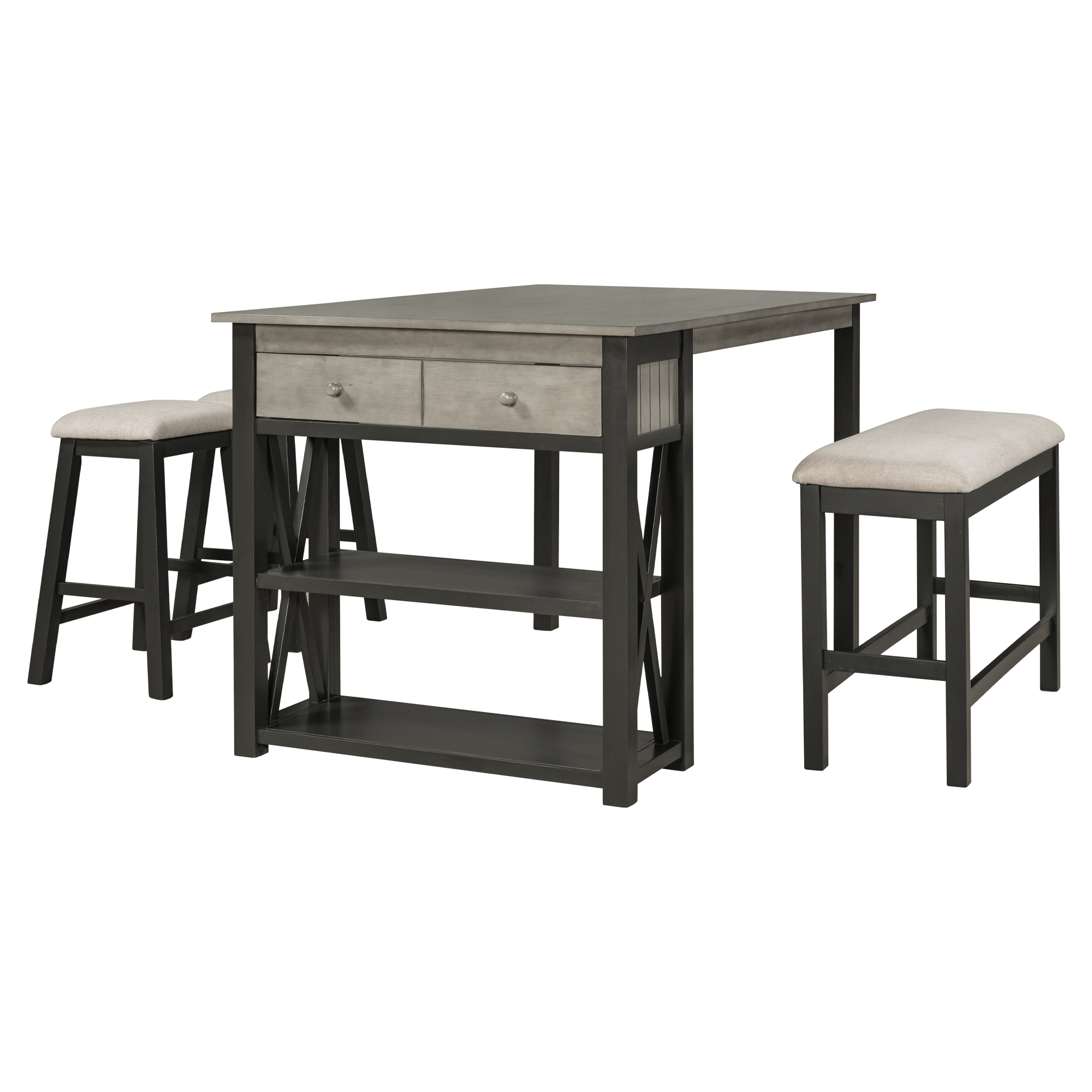 Rustic Wood 4-Piece Counter Height Dining Table Set with Storage Shelves and Drawer, Kitchen Table Set with 2 Stools and Bench， Gray