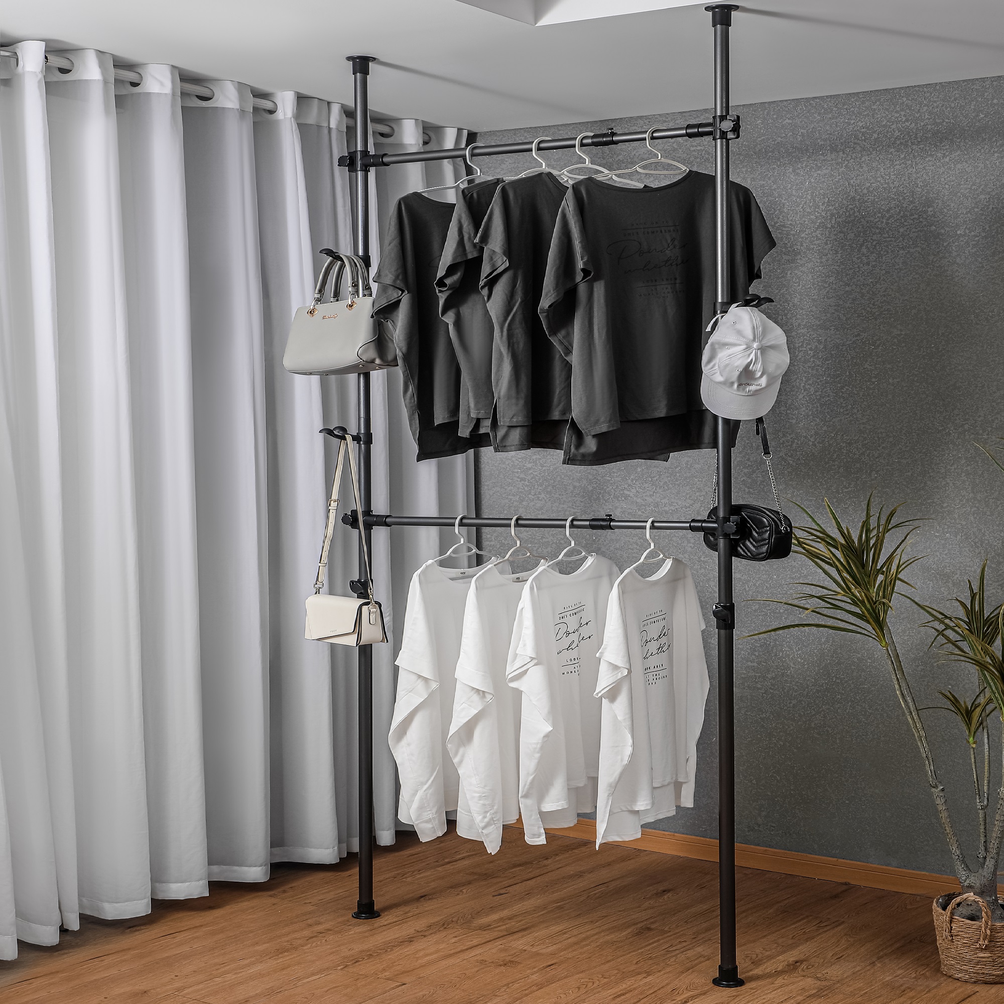 Adjustable Clothing Rack, Double Rod Clothing Rack, 2 Tier Clothes Rack, Adjustable Hanger for Hanging Clothes, Closet Rack, Freestanding,white