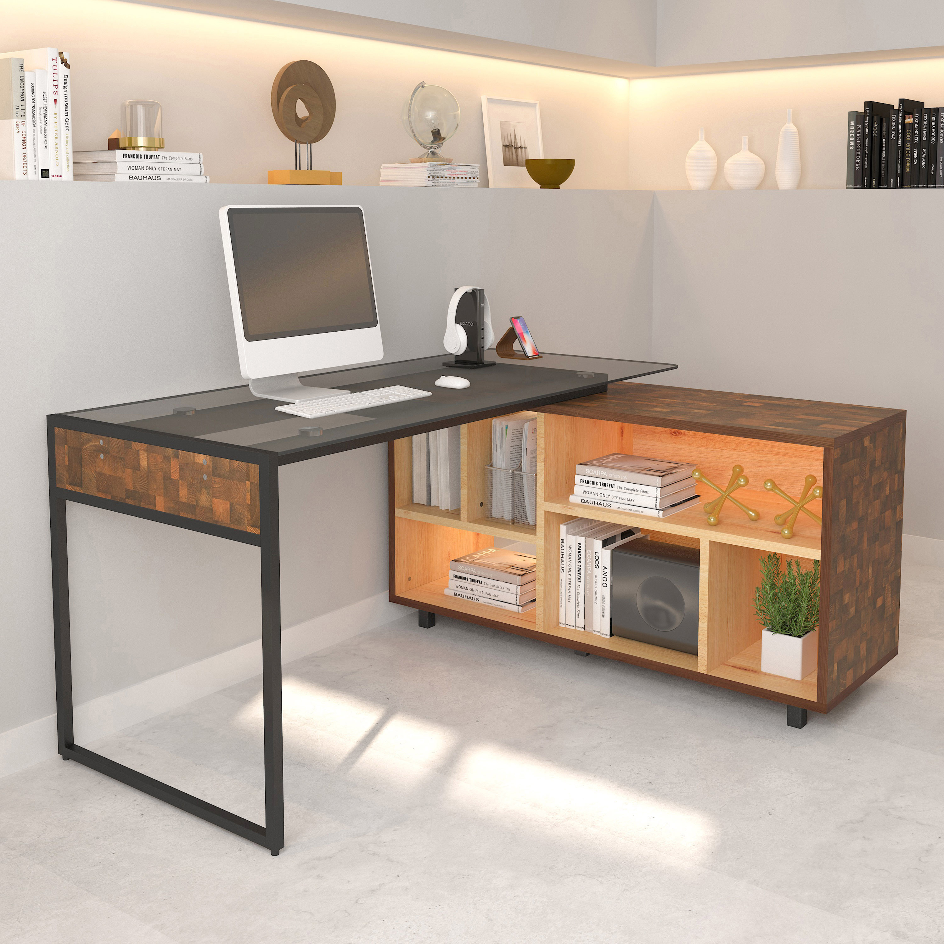 Techni Mobili L-Shape Corner Desk with Multiple Storage, Oak-CASAINC