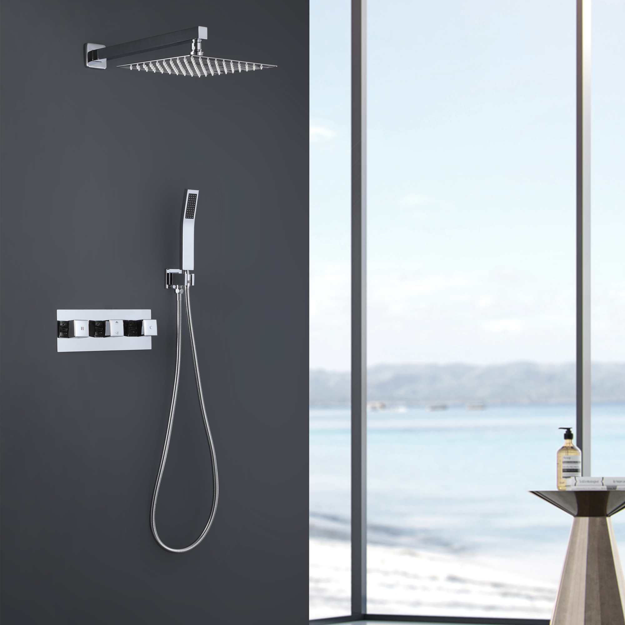 Complete Shower Fixtures, 3 Knob Handles Complete Shower Systems, 12 inches Chrome - 2W03-CASAINC