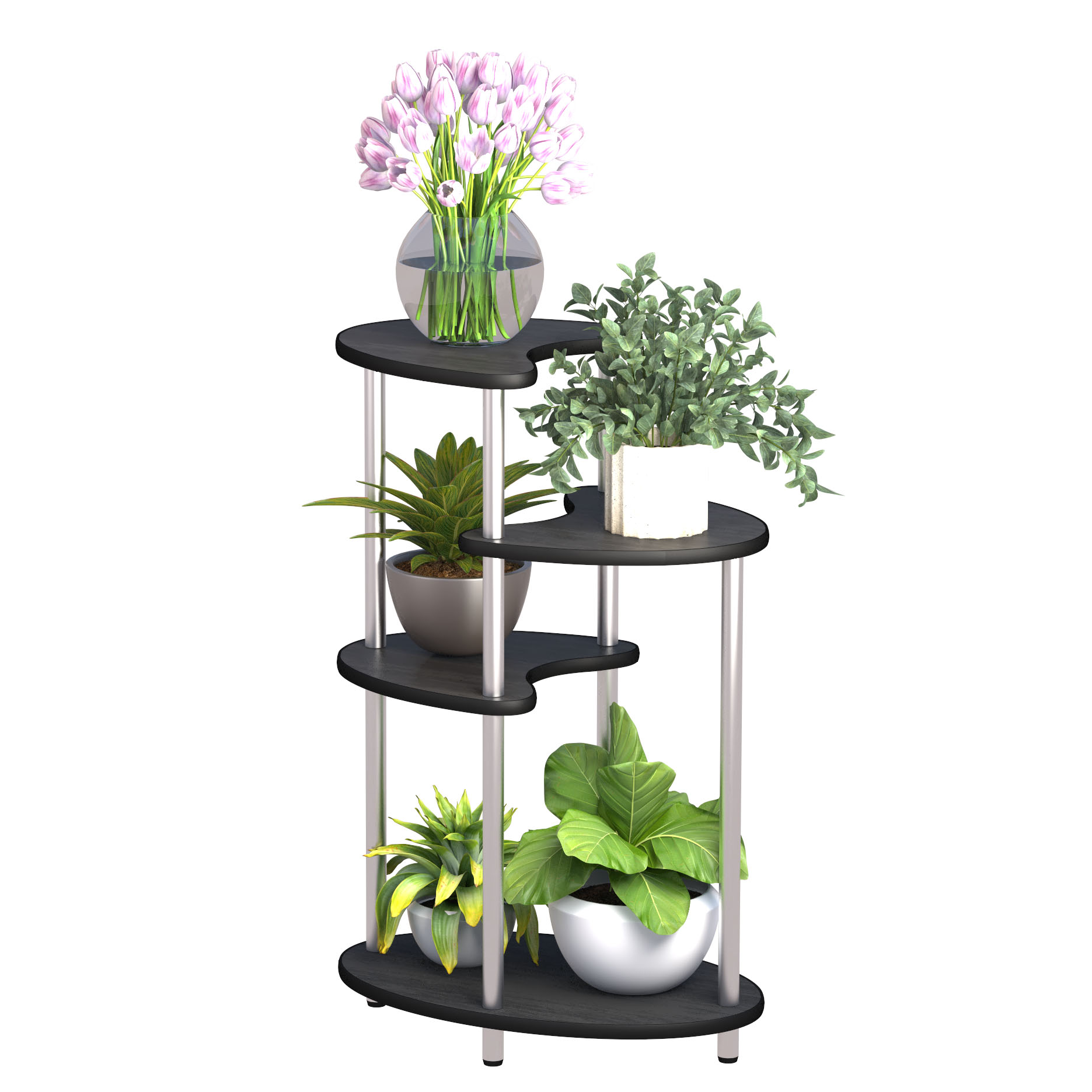 Simple four-layer flower stand, black wooden board and steel frame, suitable for balcony, living room, hall, bedroom, study-CASAINC