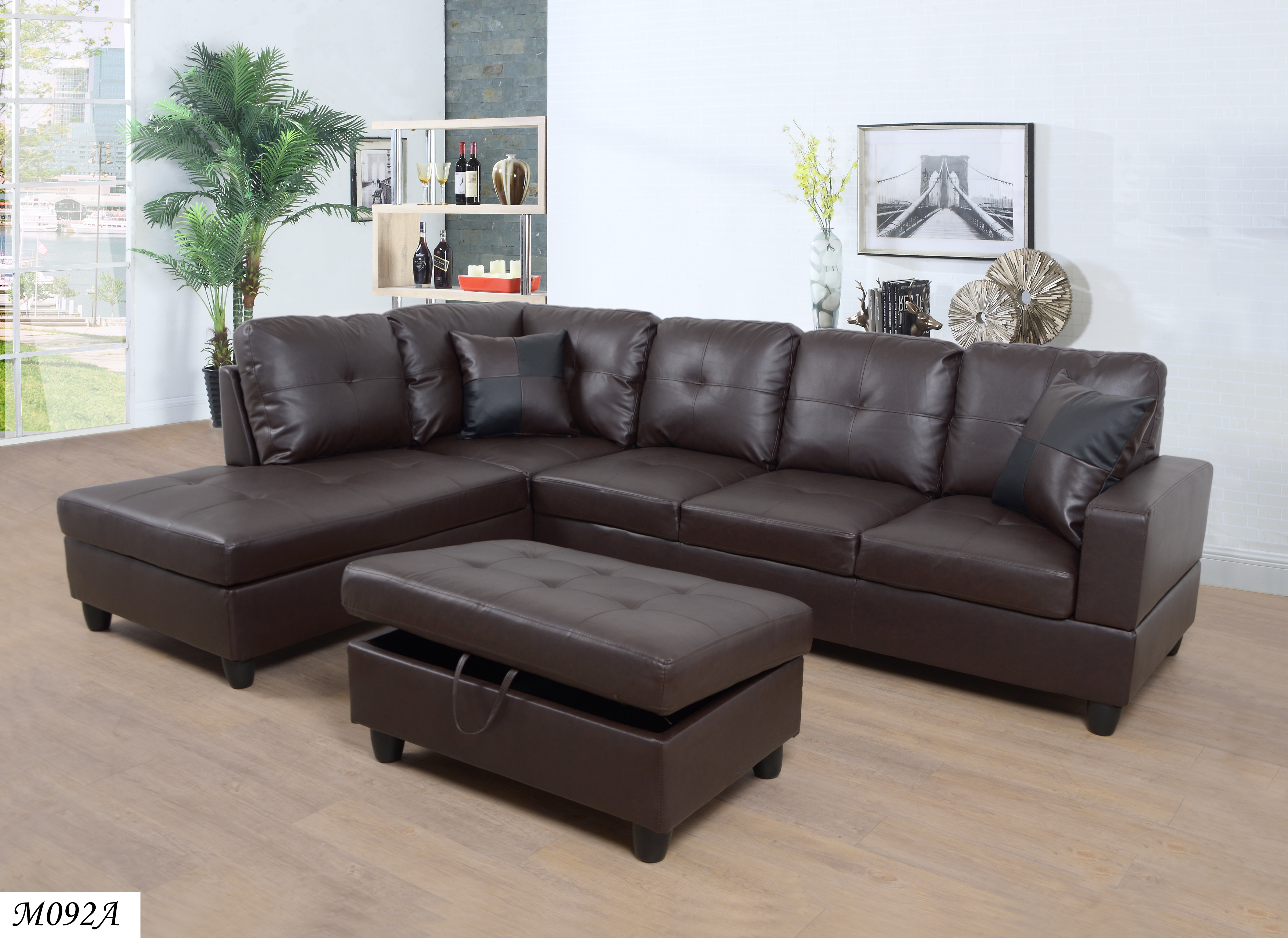 3 PC Sectional Sofa Set, (Brown) Faux Leather Left -Facing Chaise with Free Storage Ottoman-CASAINC