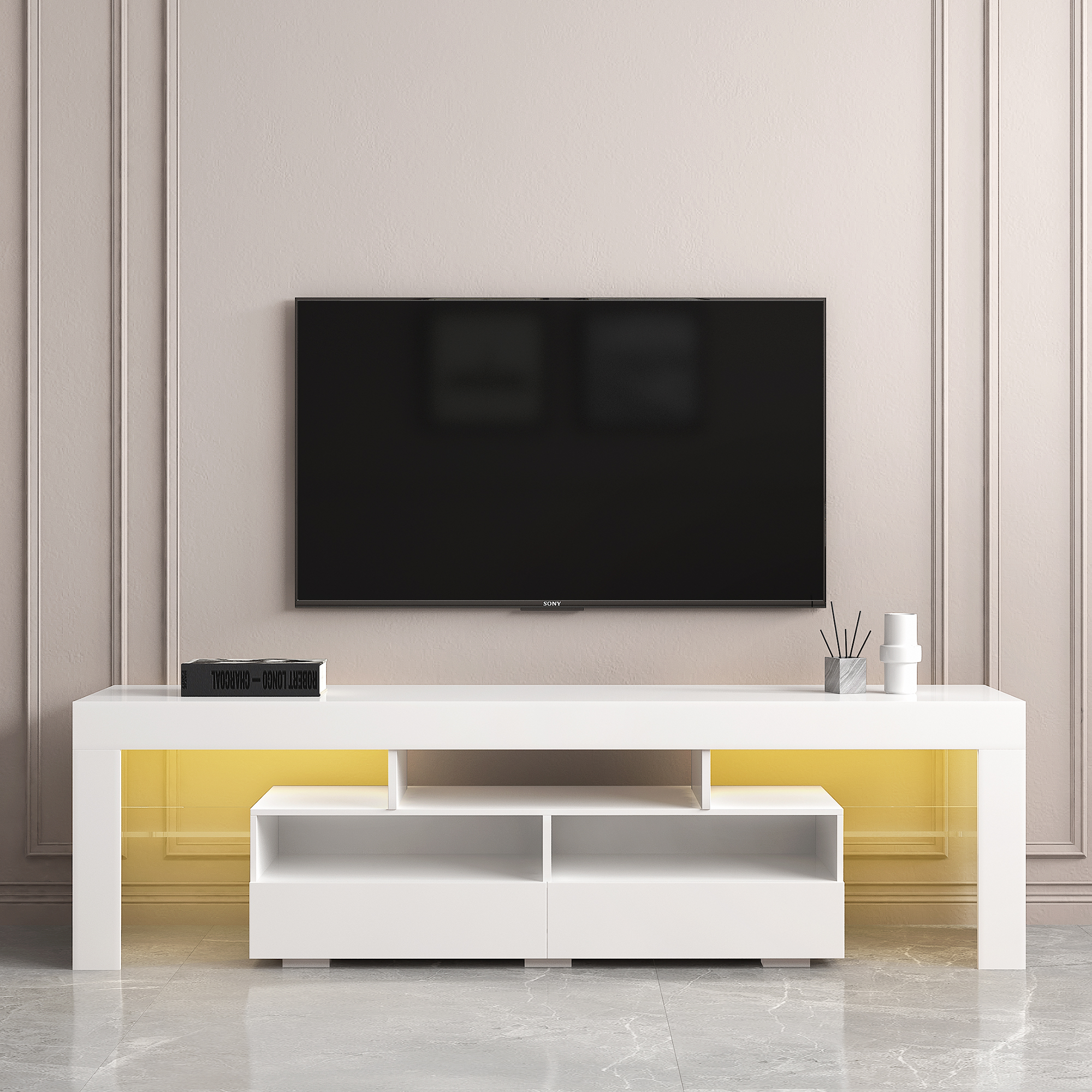 Living Room Furniture TV Stand Cabinet with 2 Drawers  2 open shelves,20-color RGB LED lights with remote,White-CASAINC