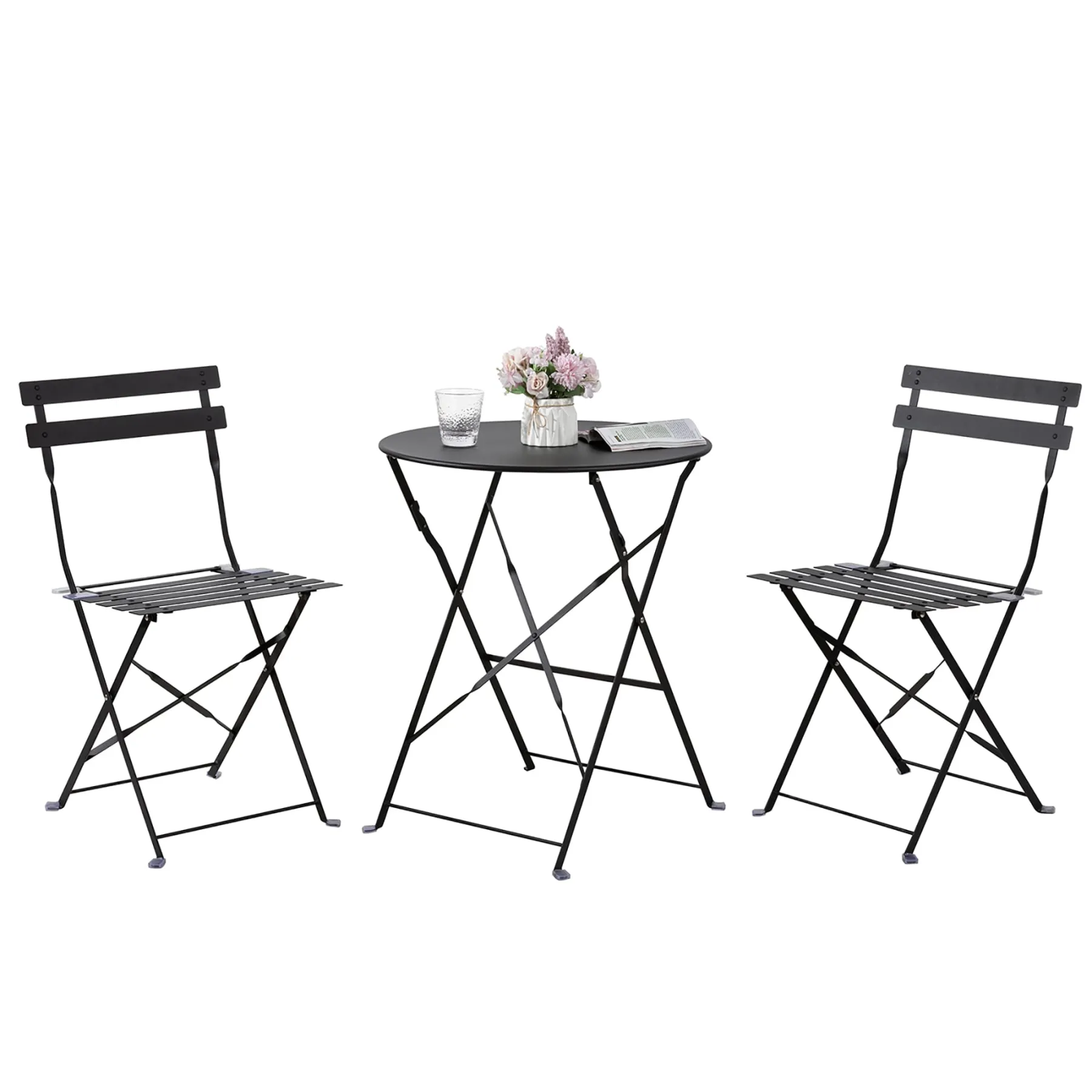 3-Piece Powder-Coated Iron Bistro Set of Foldable Garden Table and Chairs in Black