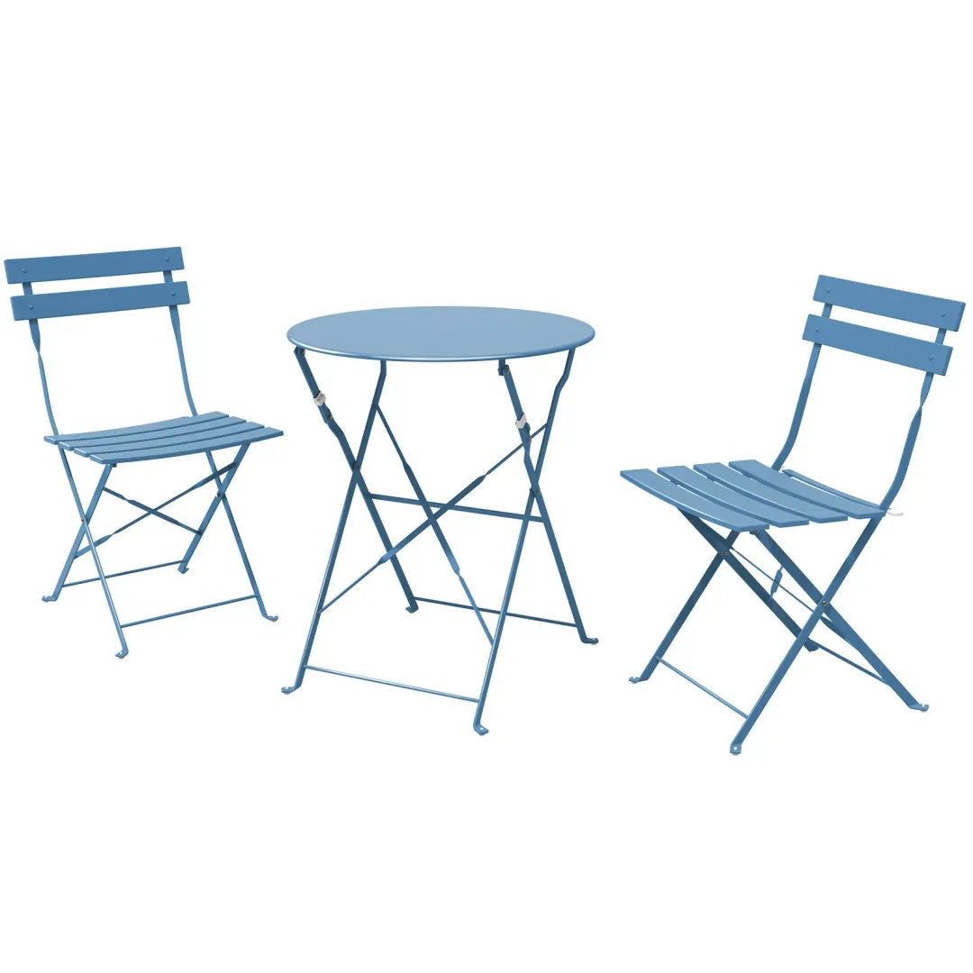 3-Piece Powder-Coated Iron Bistro Set of Foldable Garden Table and Chairs in Blue
