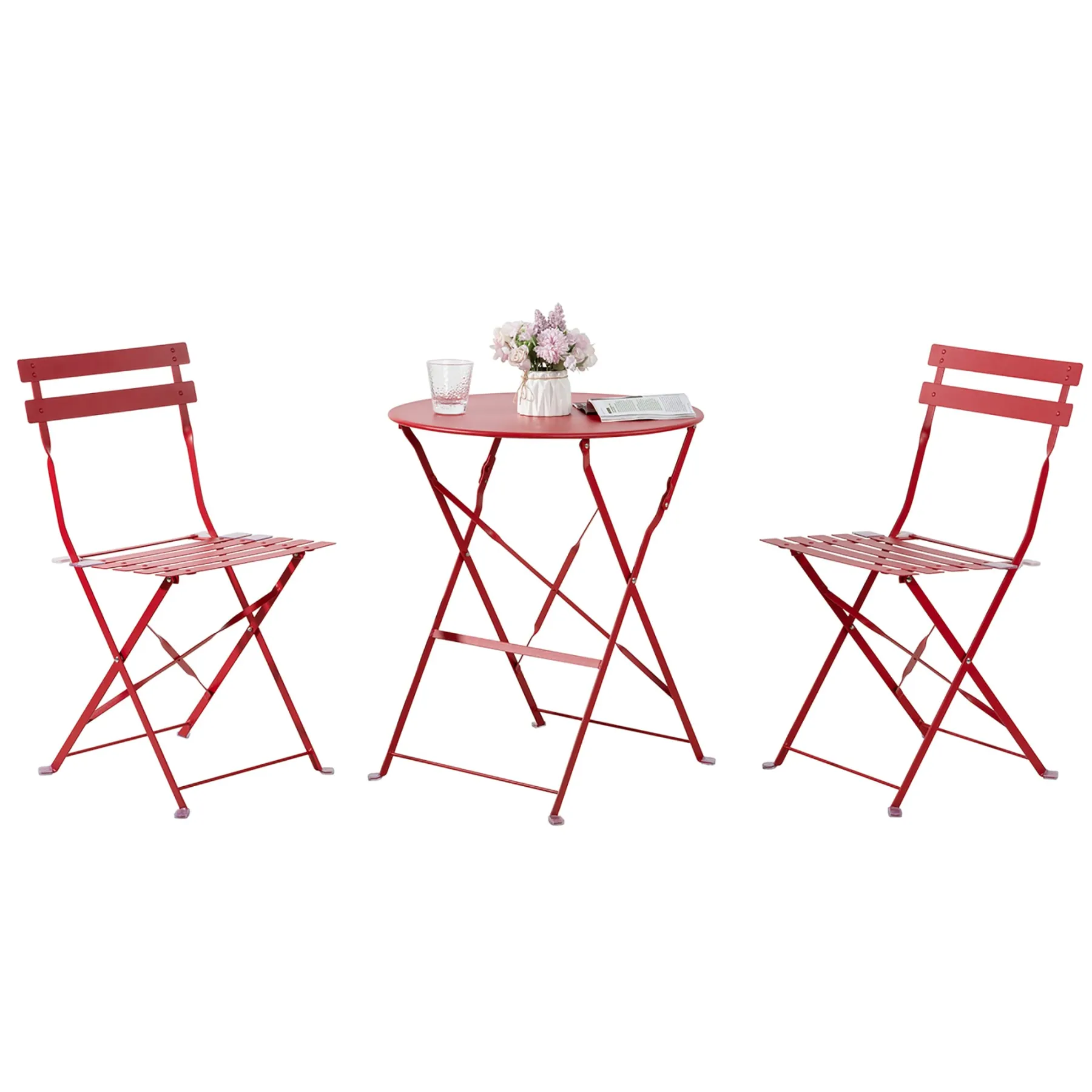 3-Piece Powder-Coated Iron Bistro Set of Foldable Garden Table and Chairs in Red