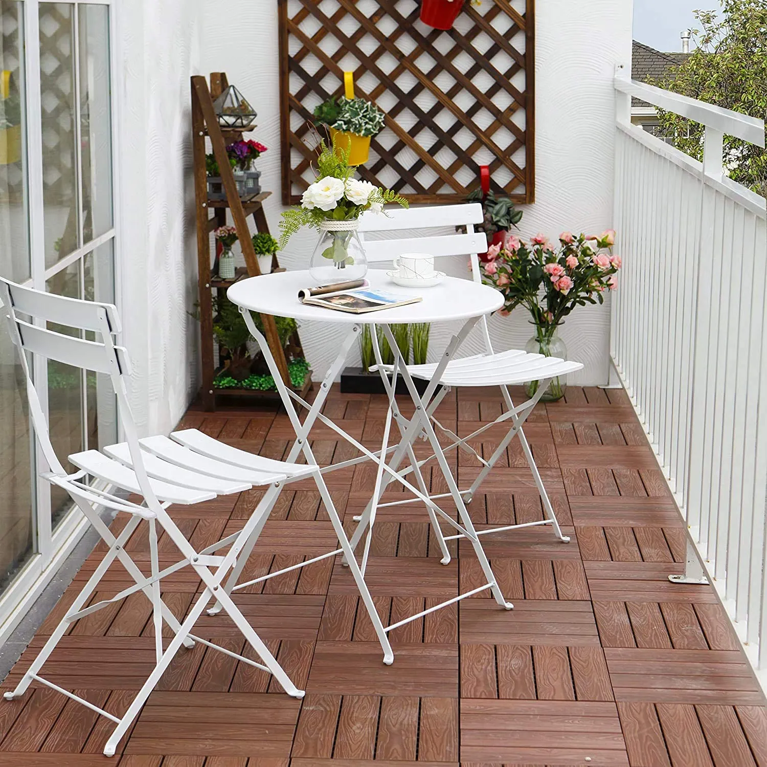 3-Piece Powder-Coated Iron Bistro Set of Foldable Garden Table and Chairs in White