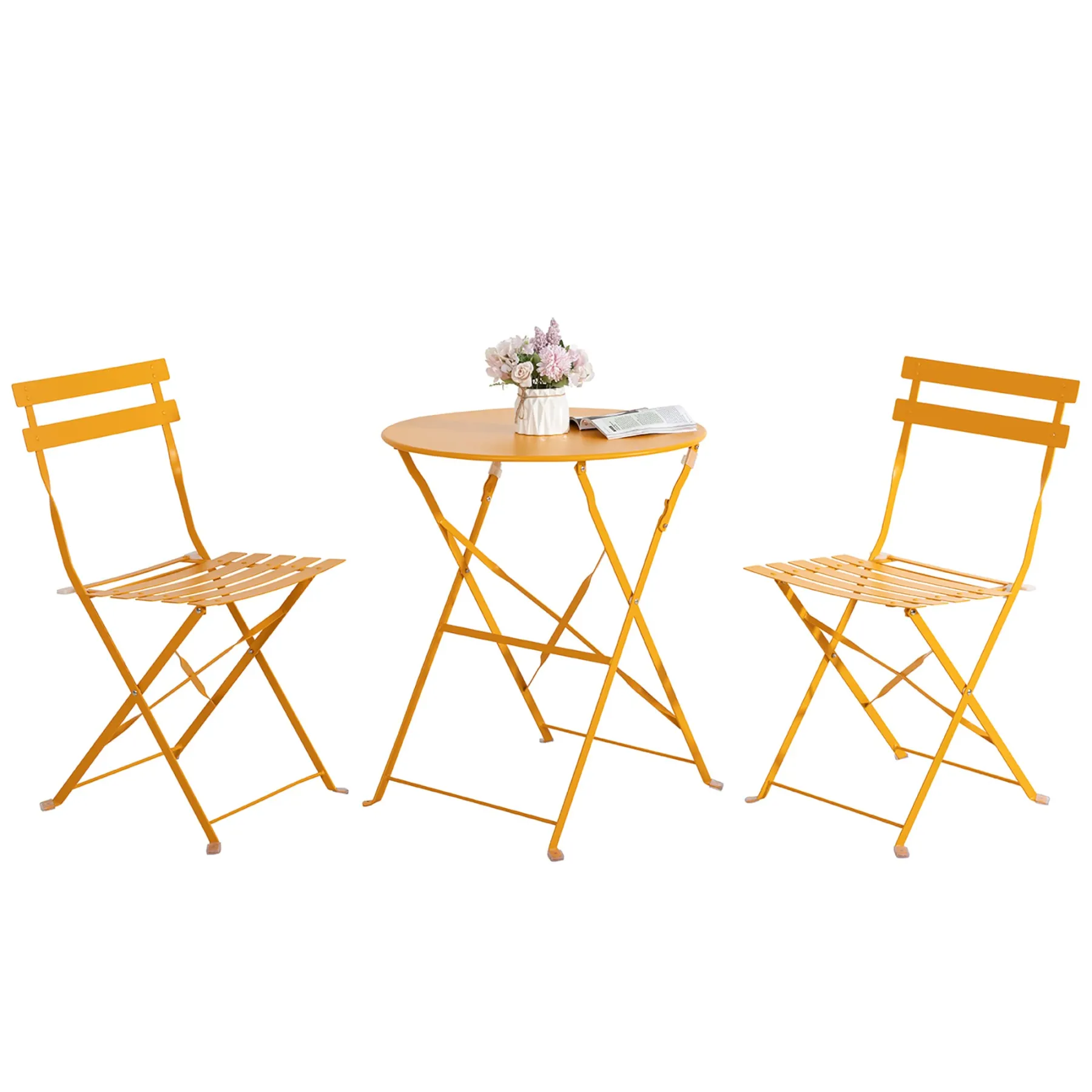 3-Piece Powder-Coated Iron Bistro Set of Foldable Garden Table and Chairs in Yellow