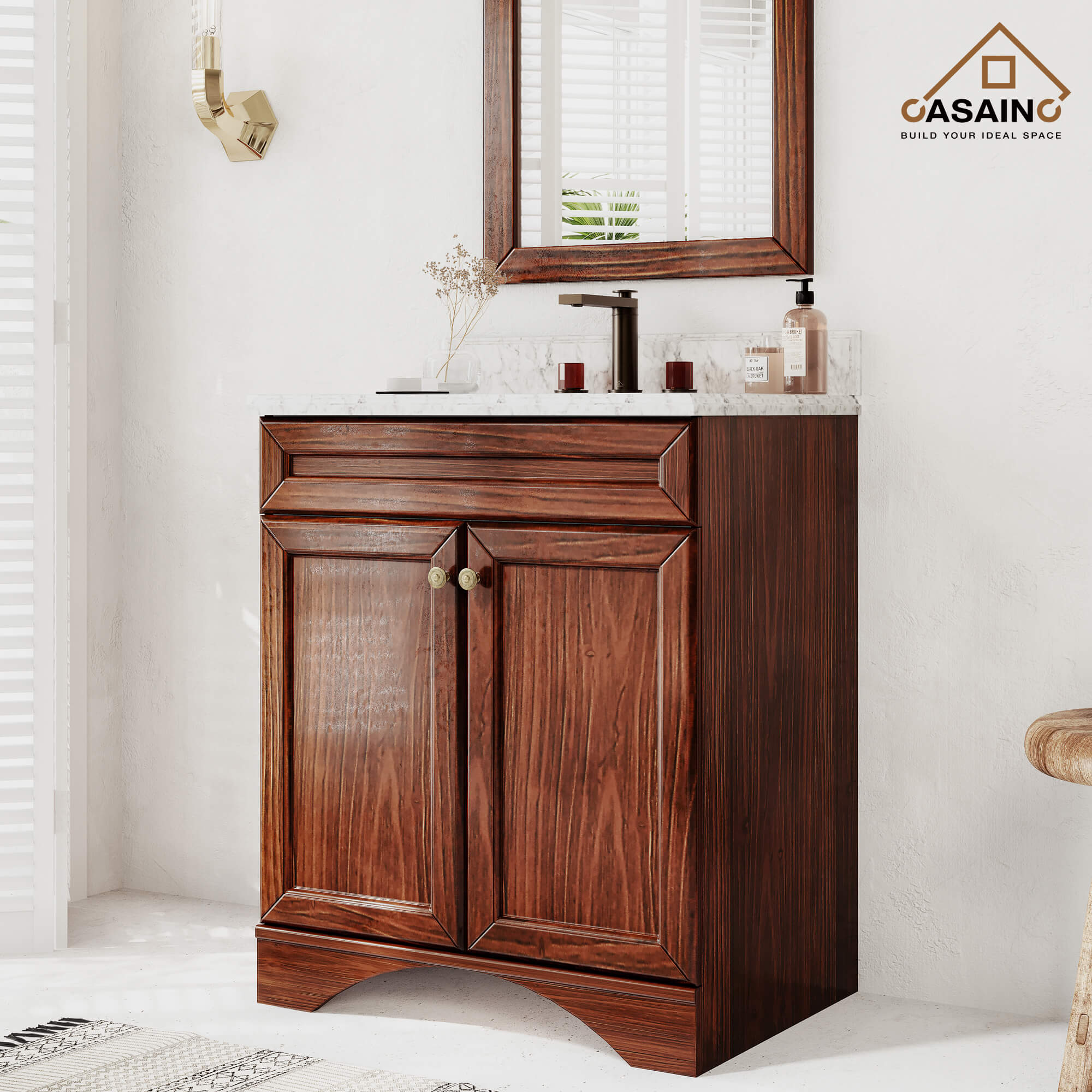 30/36/48/60" Freestanding Bathroom Sink Vanity in Traditional Brown with Carrara Marble Top