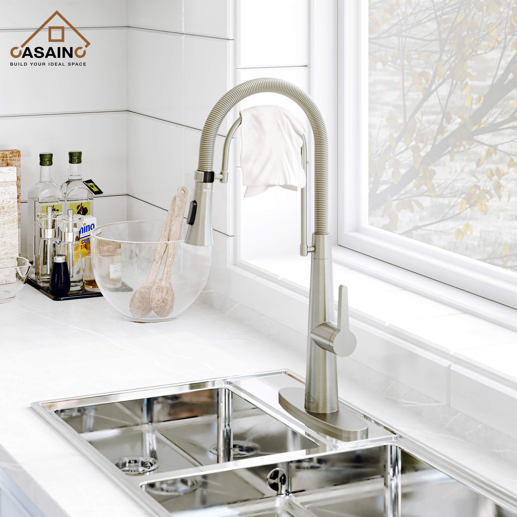 CASAINC 1.8GPM Two-function Spring Kitchen Faucet in Brushed Nickel/Gold and Black-CASAINC