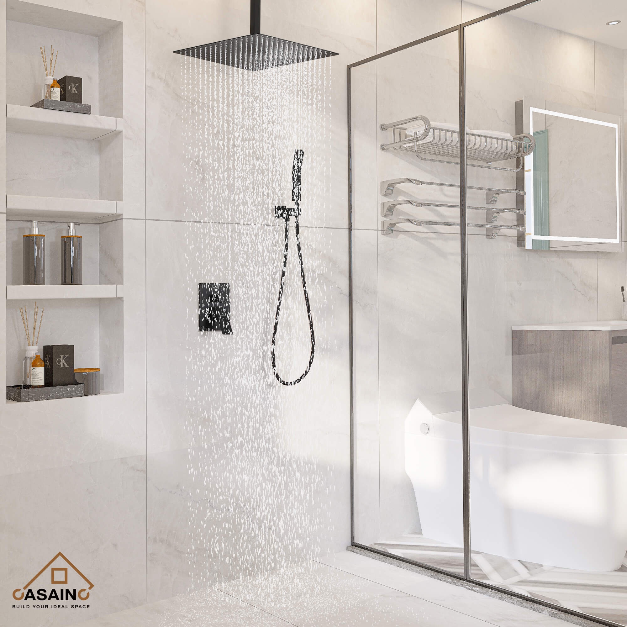 CASAINC Wall-Mounted/Ceiling-Mounted 2-Function Shower System with Handheld Shower in Matte Black