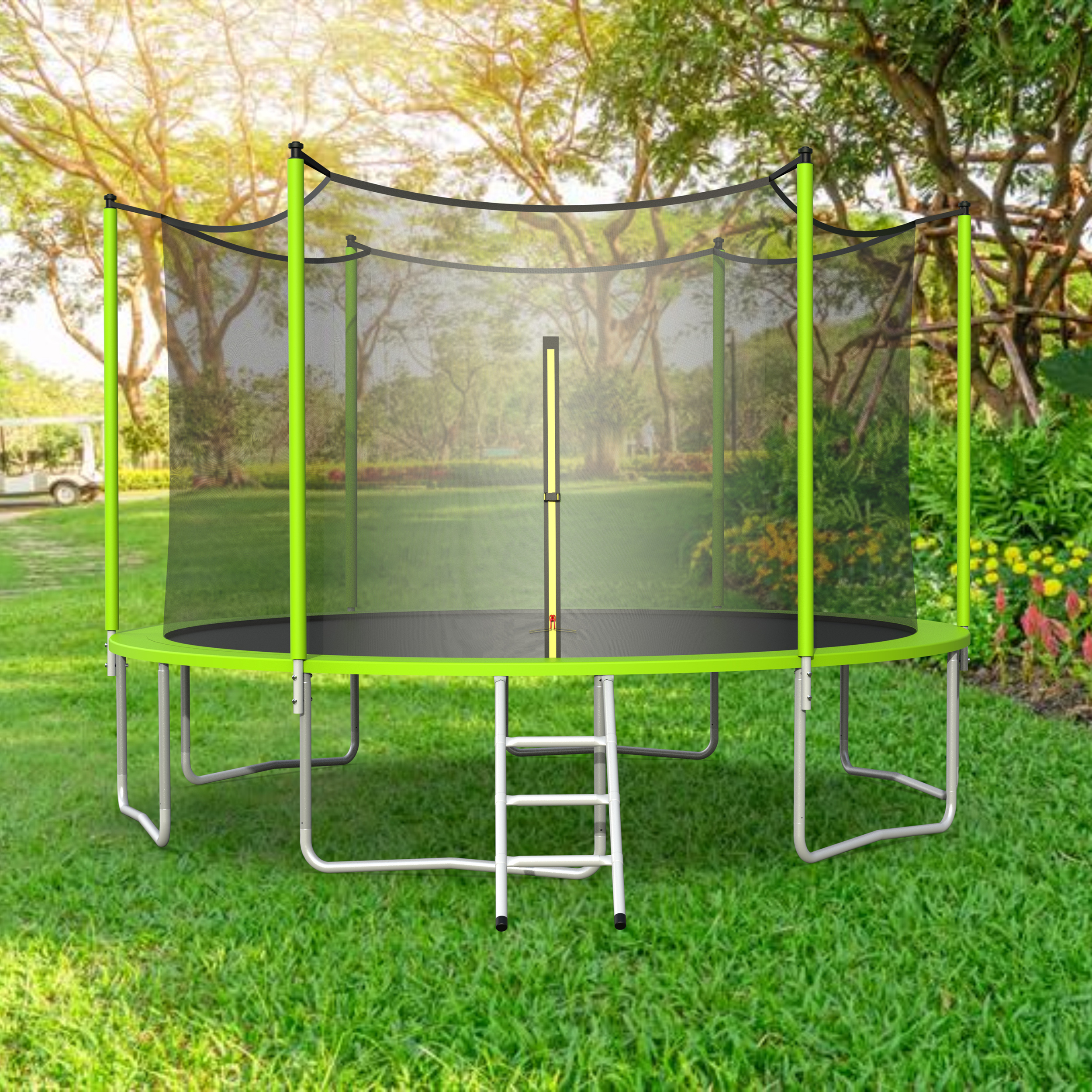 12FT Trampoline with Safety Enclosure Net,Outdoor Fitness Trampoline PVC Spring Cover Padding Exercise Trampoline,Green-CASAINC