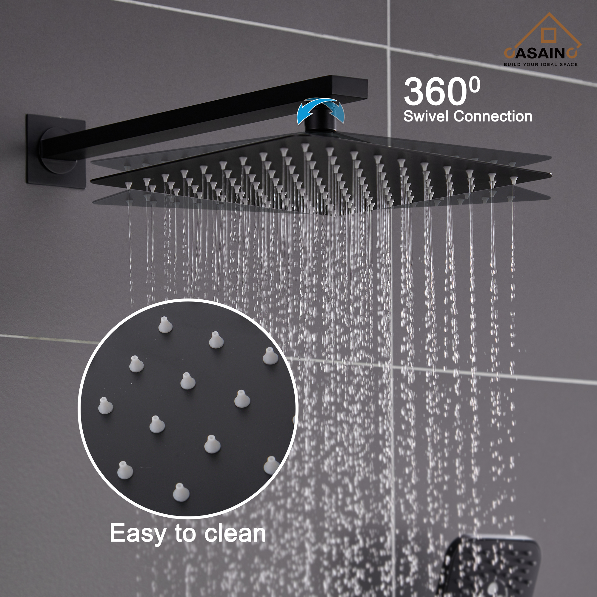 CASAINC 10 inch Square Wall-mounted rain shower faucet with pressure balanced valve