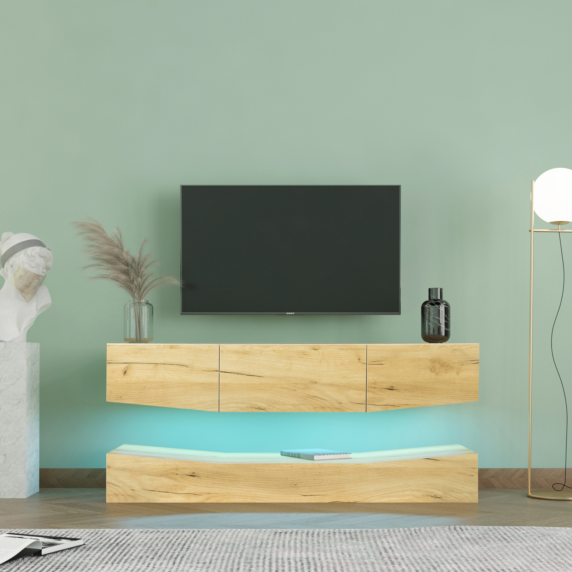 MDF UP And Down WALL-MOUNTED TV Cabinet With Three Drawers  LED Lights,OAK-CASAINC