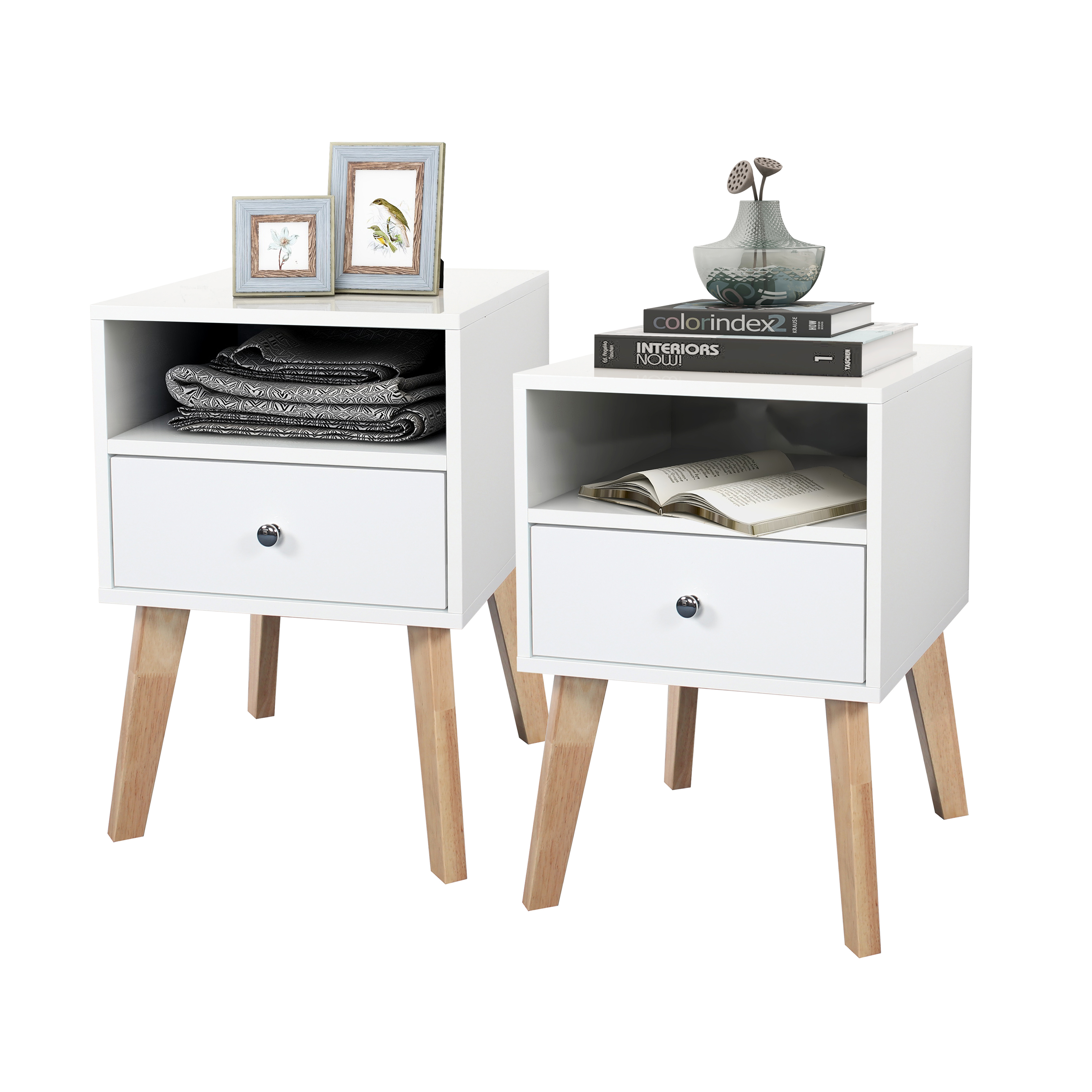 High gloss white bedside table bedroom set 2 bedside tables with open shelves in bedroom-CASAINC