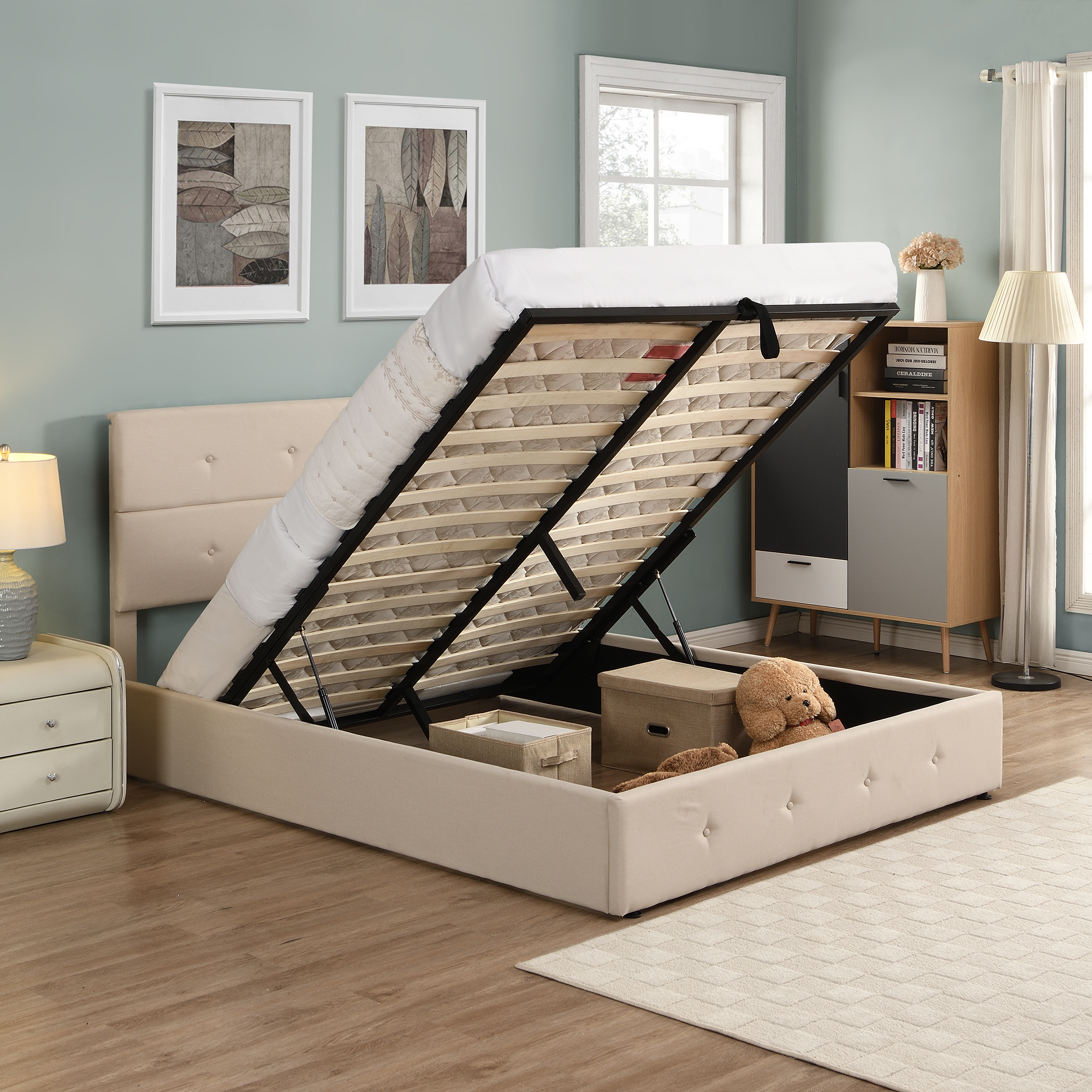 Upholstered Platform Bed with Underneath Storage,Queen Size,Beige-CASAINC