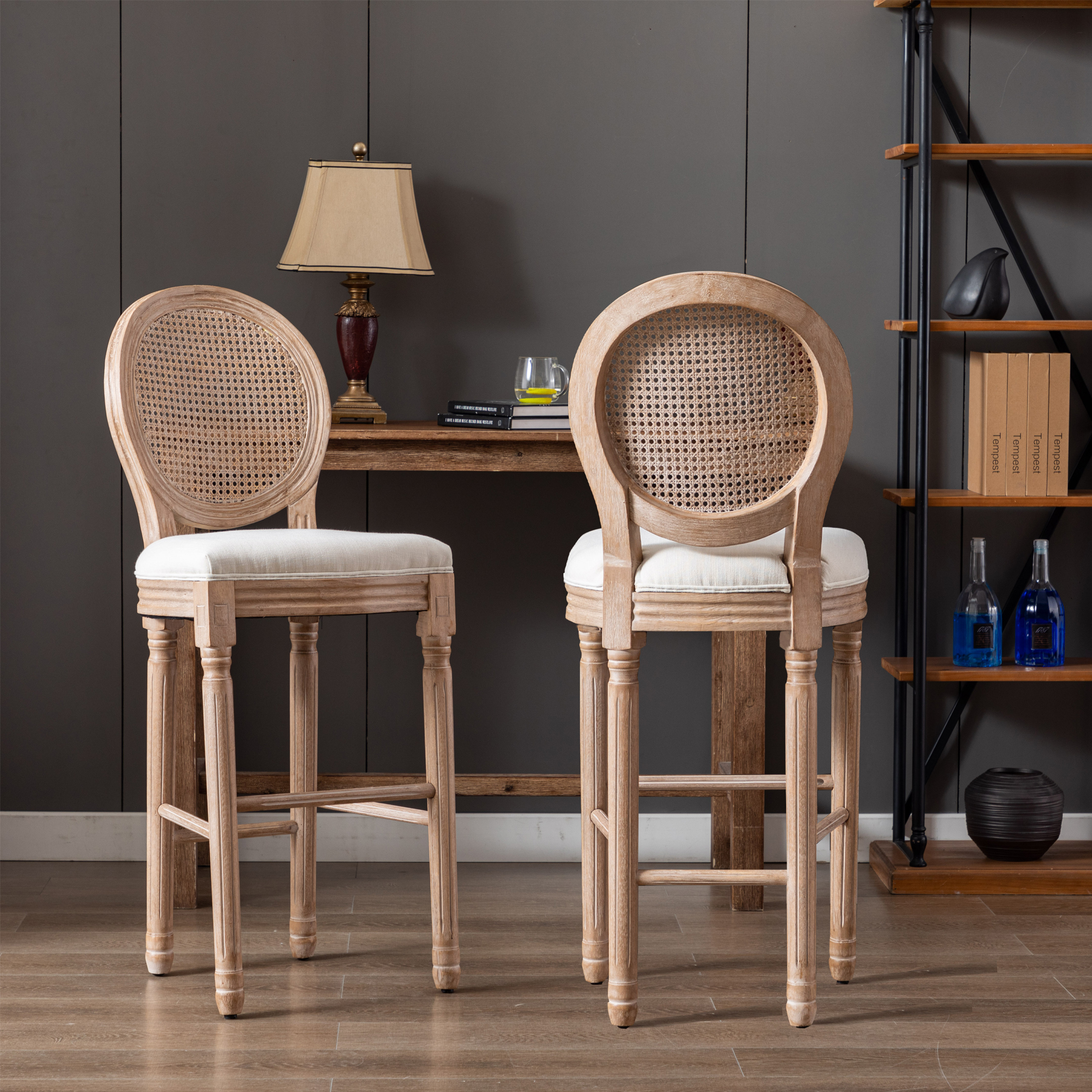 Hengming French Country Wooden Barstools Rattan Back With Upholstered Seating , Beige and Natural ，Set of 2-CASAINC