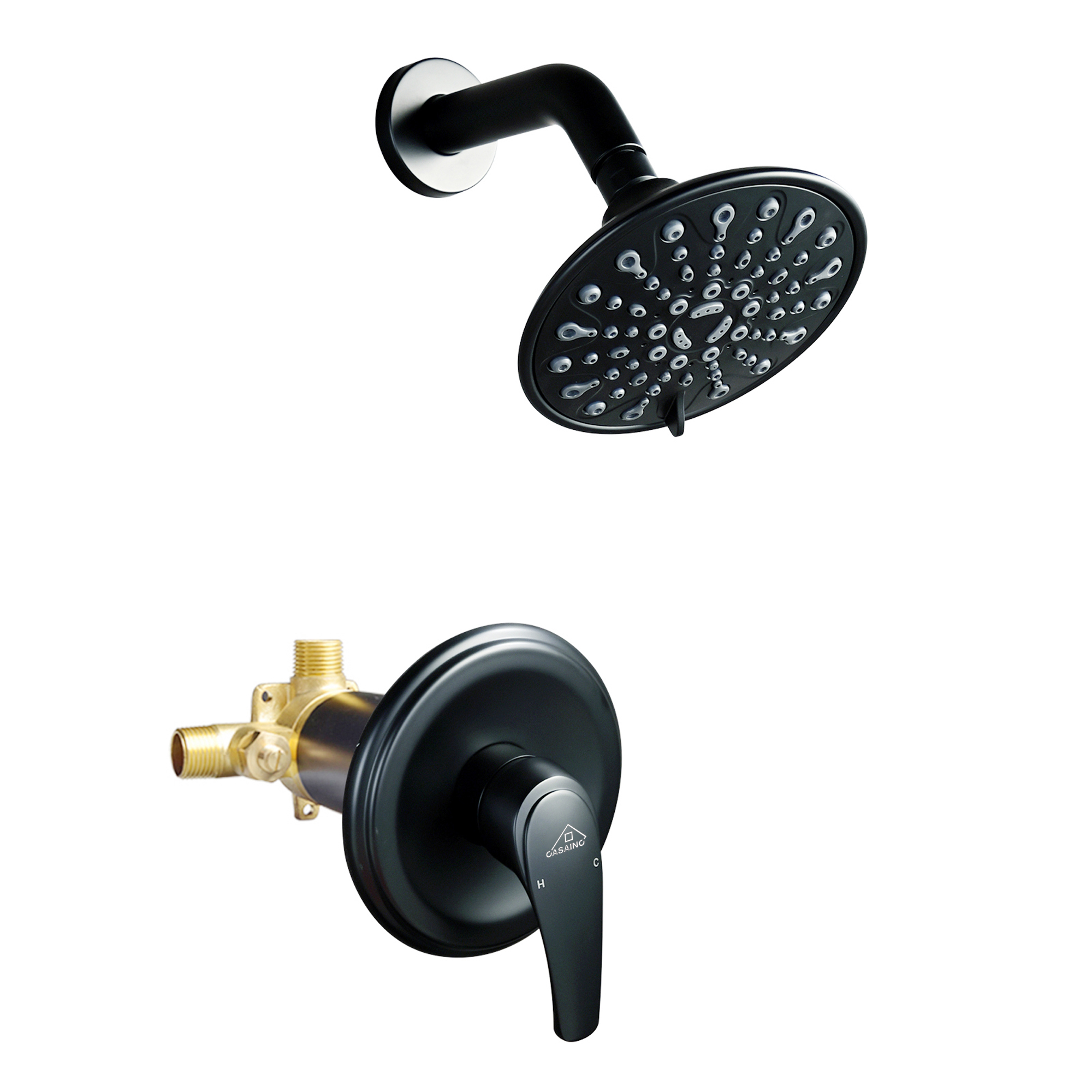 Wall Mounted 6-In Shower Faucet with 6-Spray Patterns & Balanced Water Pressure by Water Flow Restrictors (Matte Black Finish)-CASAINC