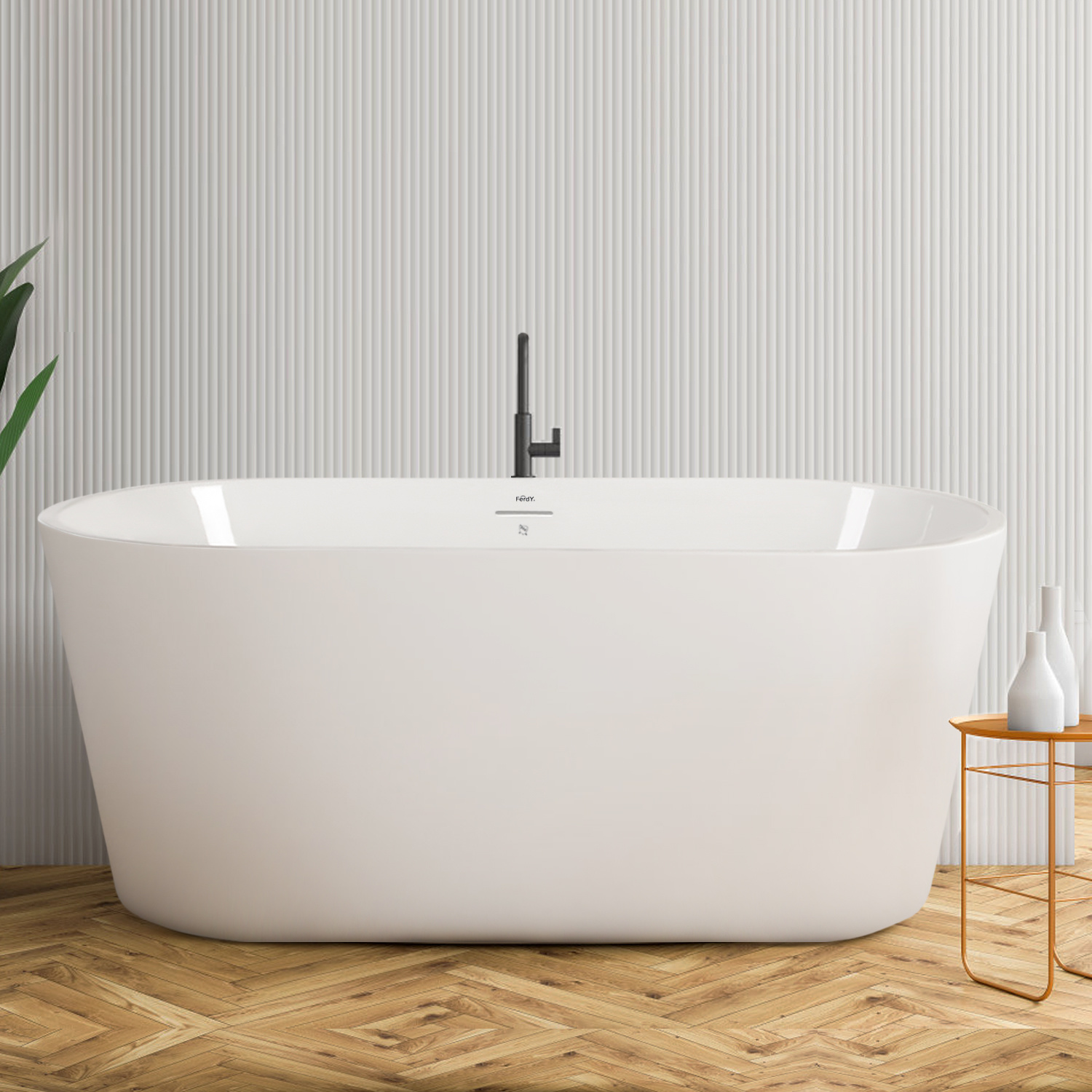55inch Acrylic Freestanding Bathtub, Small Classic Oval Shape Acrylic Soaking Bathtub with Brushed Nickel Drain & Minimalist Linear Design Overflow, Modern-CASAINC