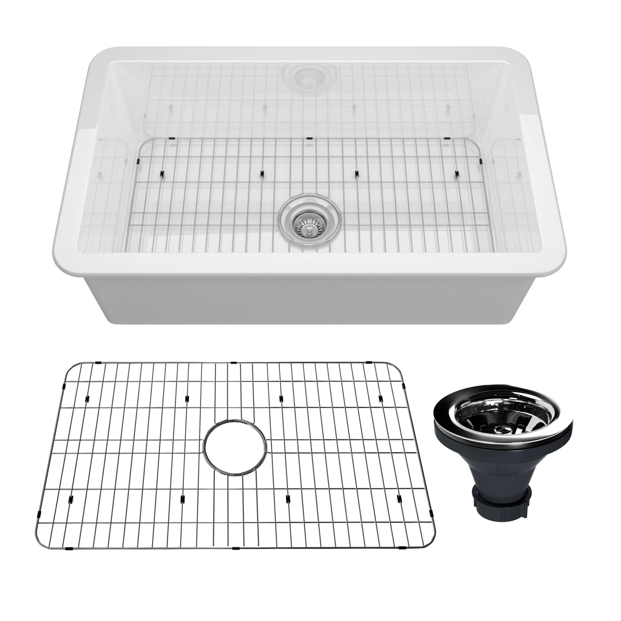 32 in. Undermount Single Bowl Fireclay Kitchen Sink with Grid and Drainer With cUPC Certified, in Glossy White/Matte Black/Matte Gray